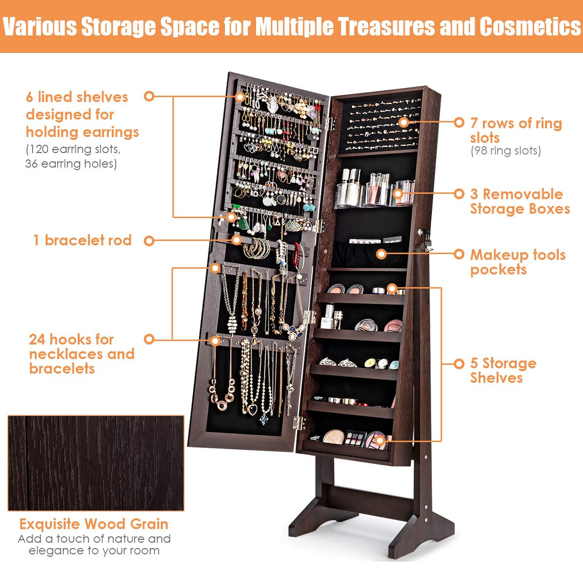 CHARMAID Jewelry Armoire Cabinet with Frameless Full Length Mirror