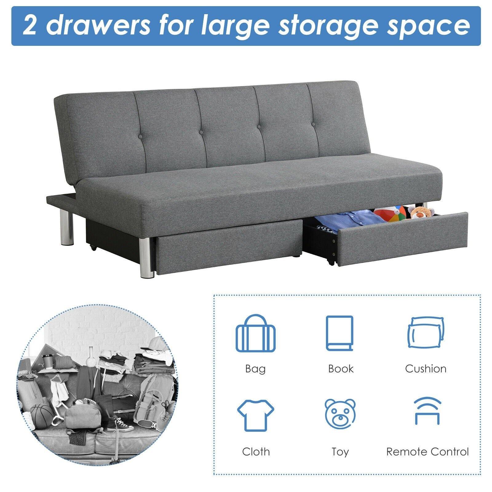 3-Seat Convertible Sofa Bed,Long Sofa w/ 2 Large Drawers, Ergonomic Sleeper w/ 3 Adjustable Angles 