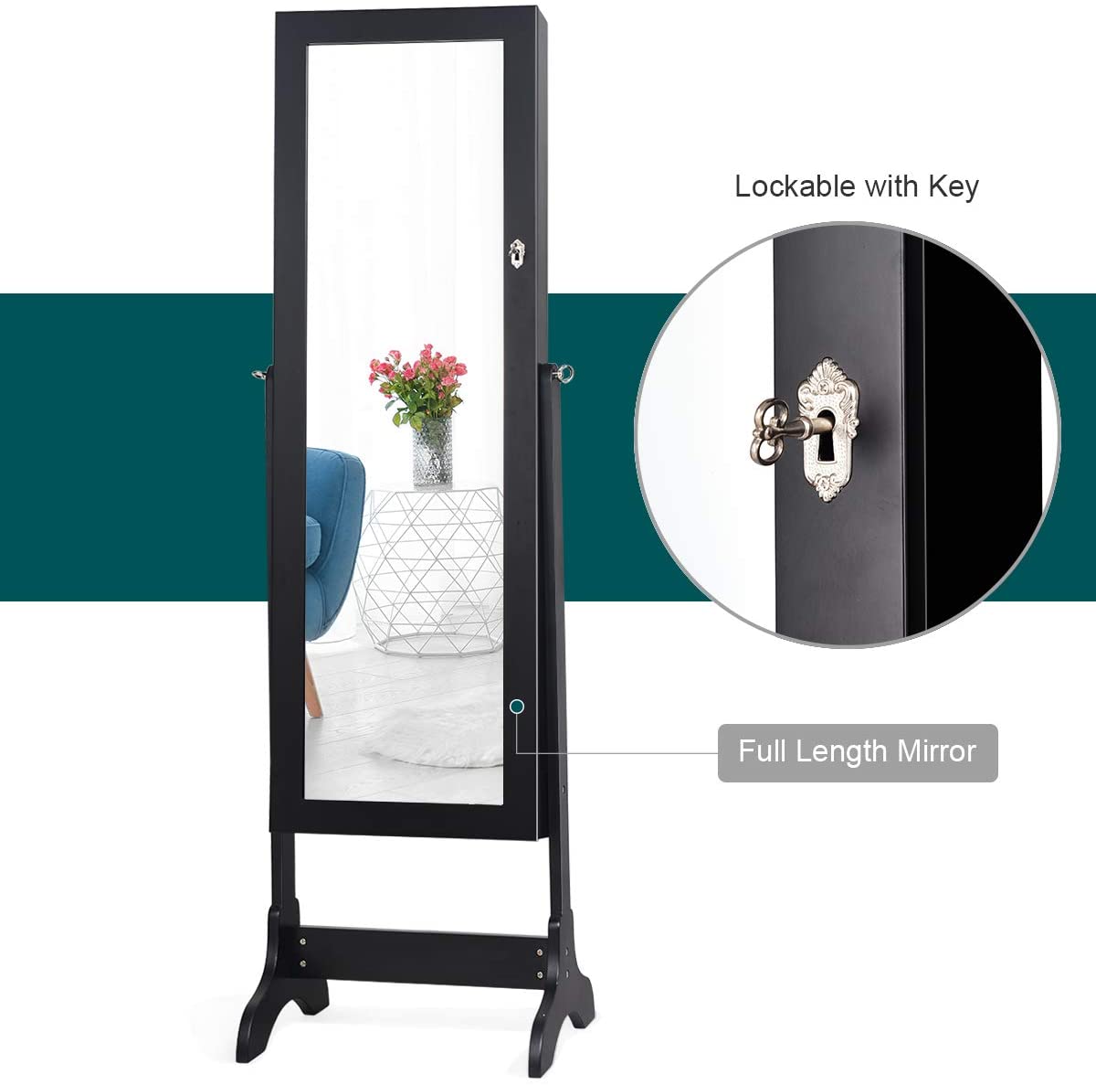 Lockable Standing Jewelry Armoire with Full Length Mirror 