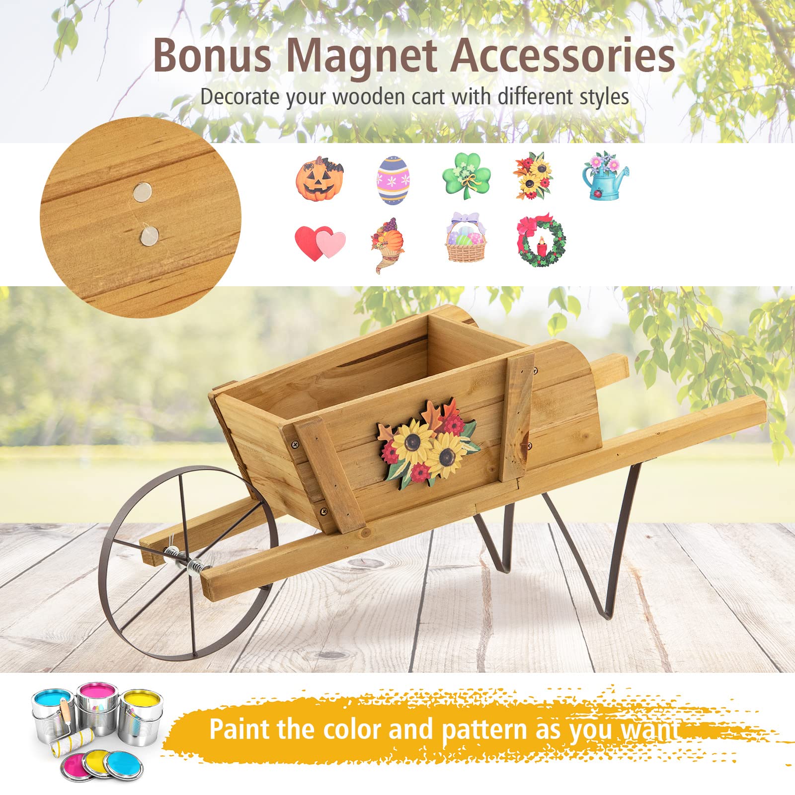 Giantex Wooden Wagon Planter, Small Wheelbarrow Wagon Flower, Indoor & Outdoor Raised Bed 