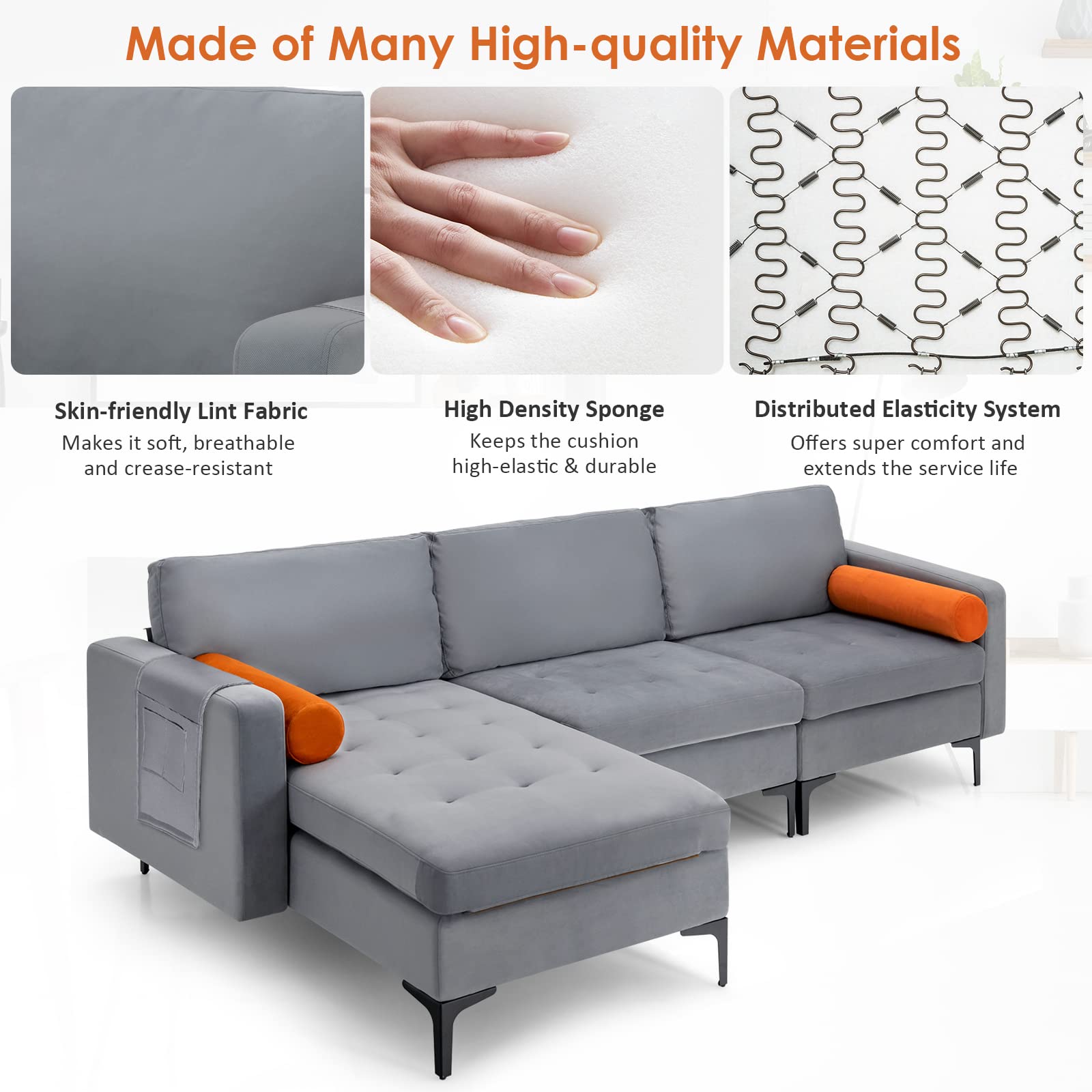 Giantex 97" Large Couch, 3 Seat Sectional Sofa Set, L-Shaped Modular Sleeper with Chaise Lounge & USB Port & Socket 