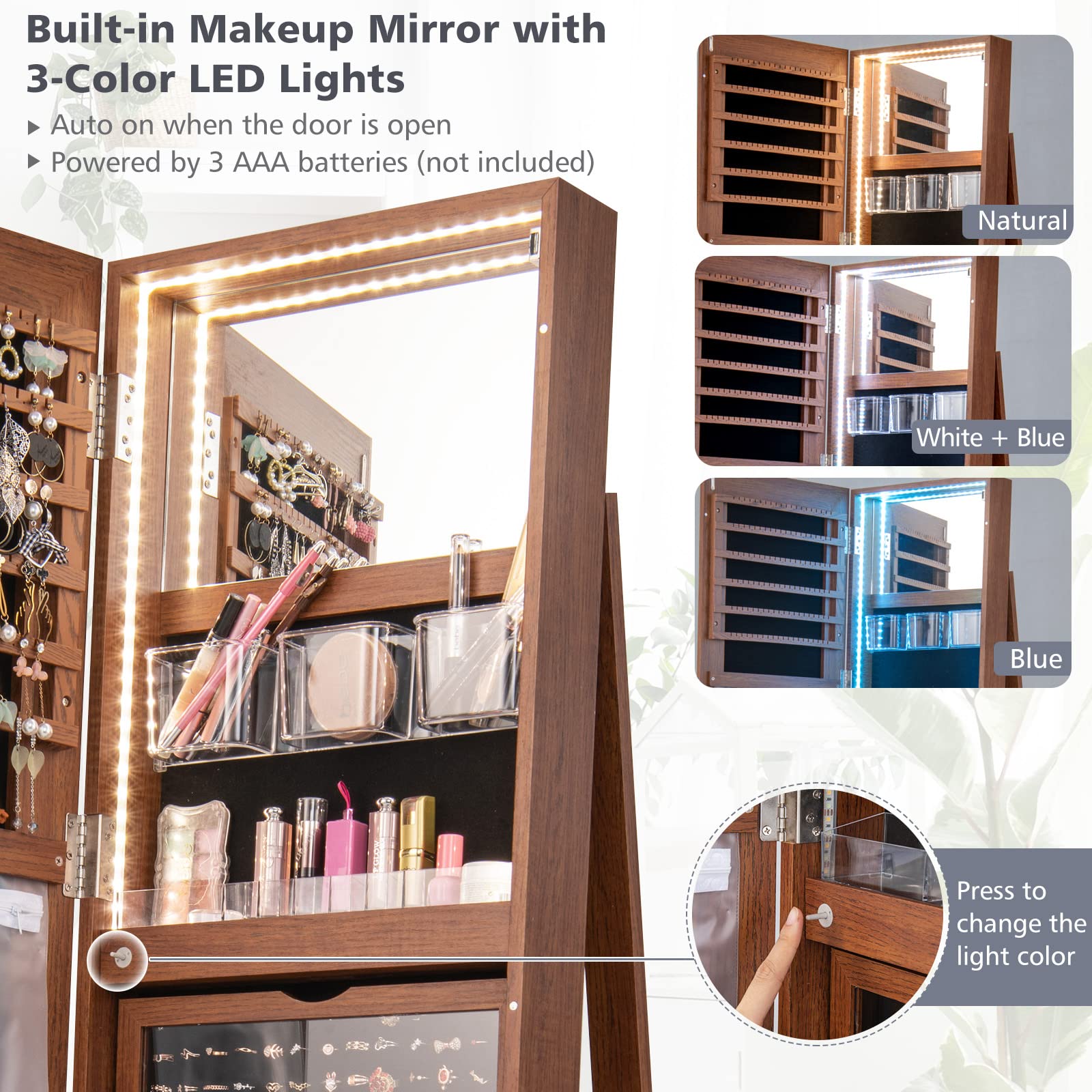 CHARMAID 63.5"H Jewelry Armoire with Full Length Mirror 360 Degree Swivel, 3-Color LED lights 