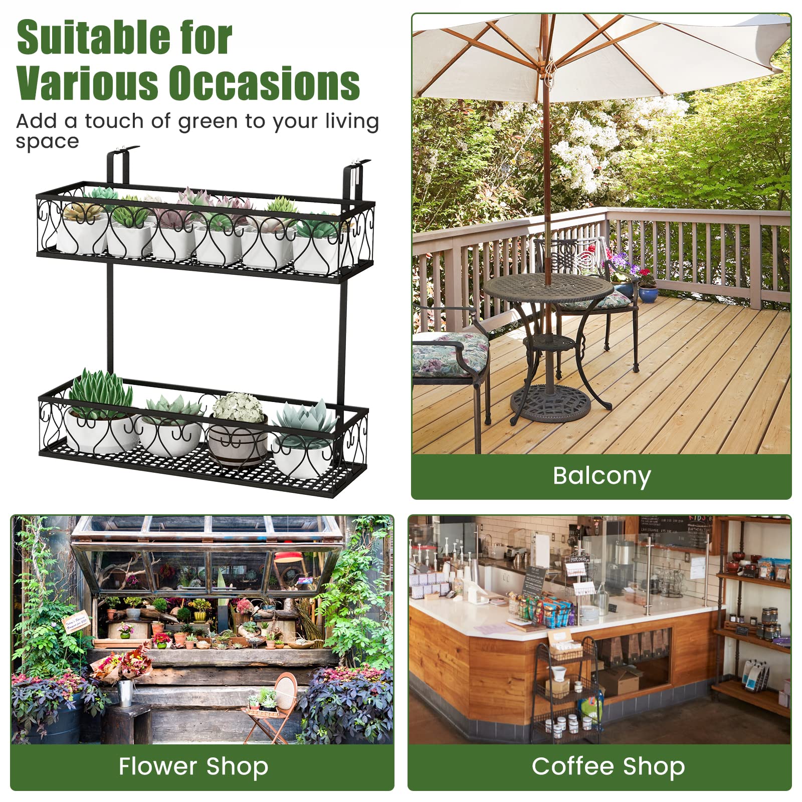 Giantex Balcoy Flower Pot Stand Rack w/ Adjustable Hooks & 2 Planter Baskets 