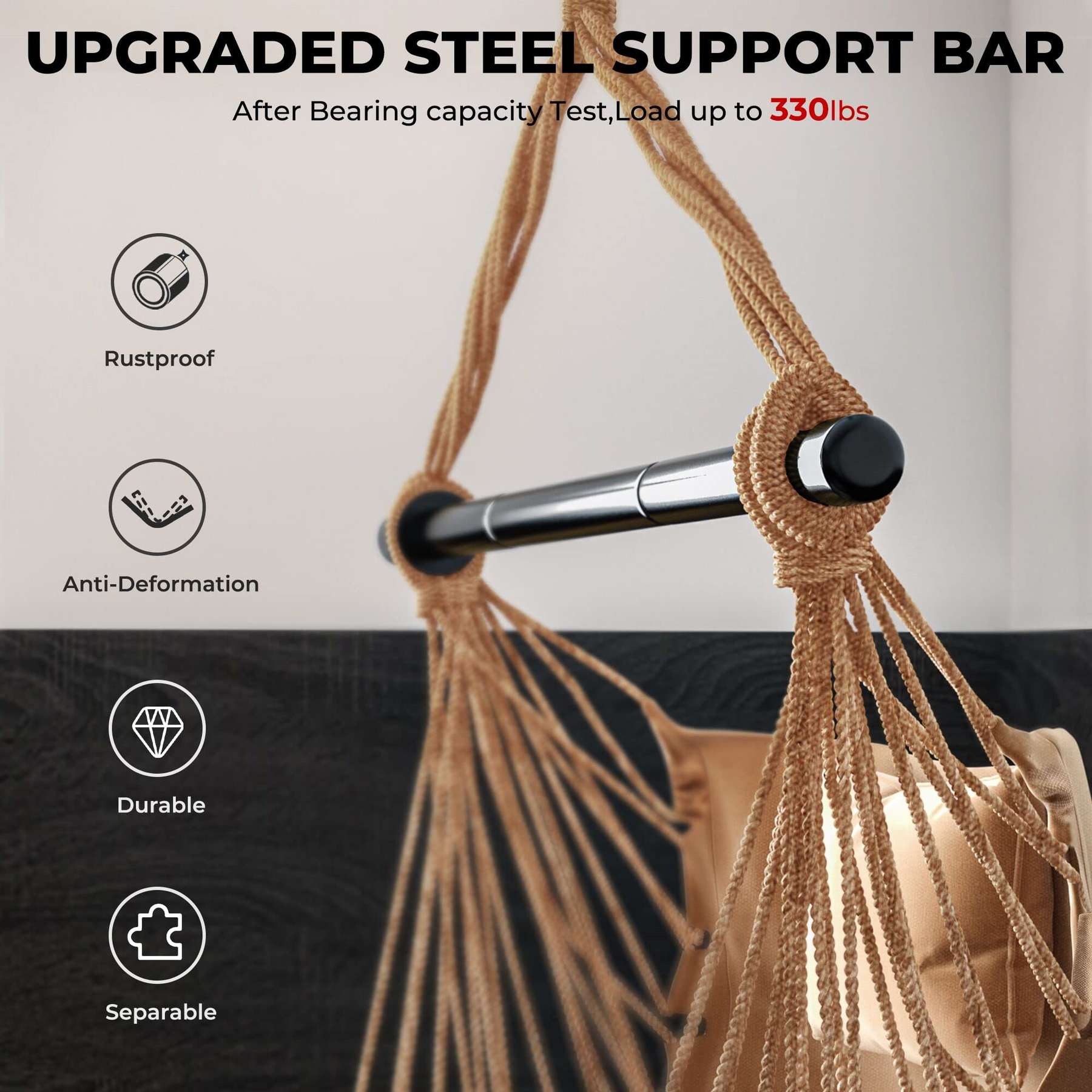 Hanging Chair Hammock Swing Chair - with Sturdy Steel Hanging Bar 