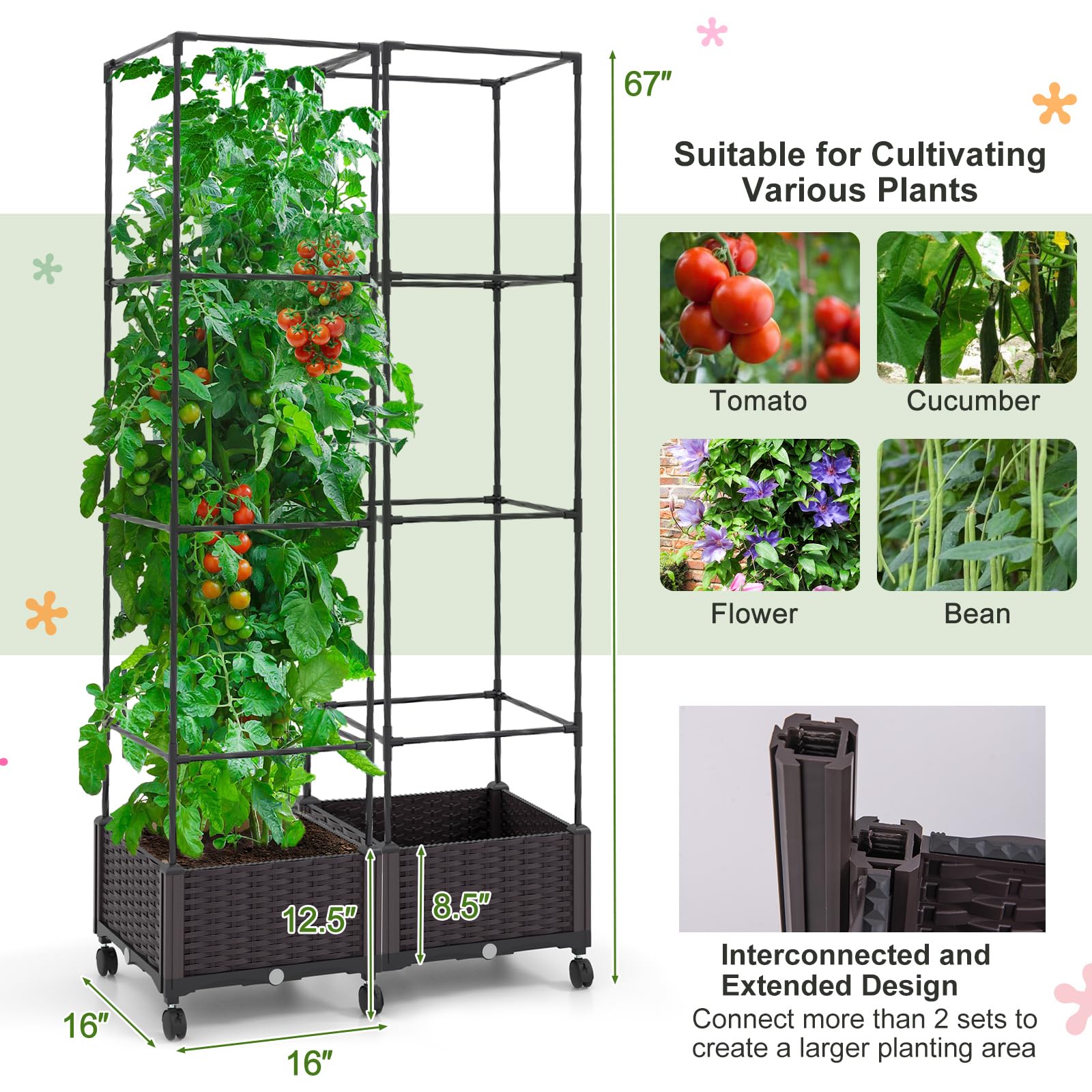 Giantex Raised Garden Bed with Tomato Cages, 67” Adjustable Height 
