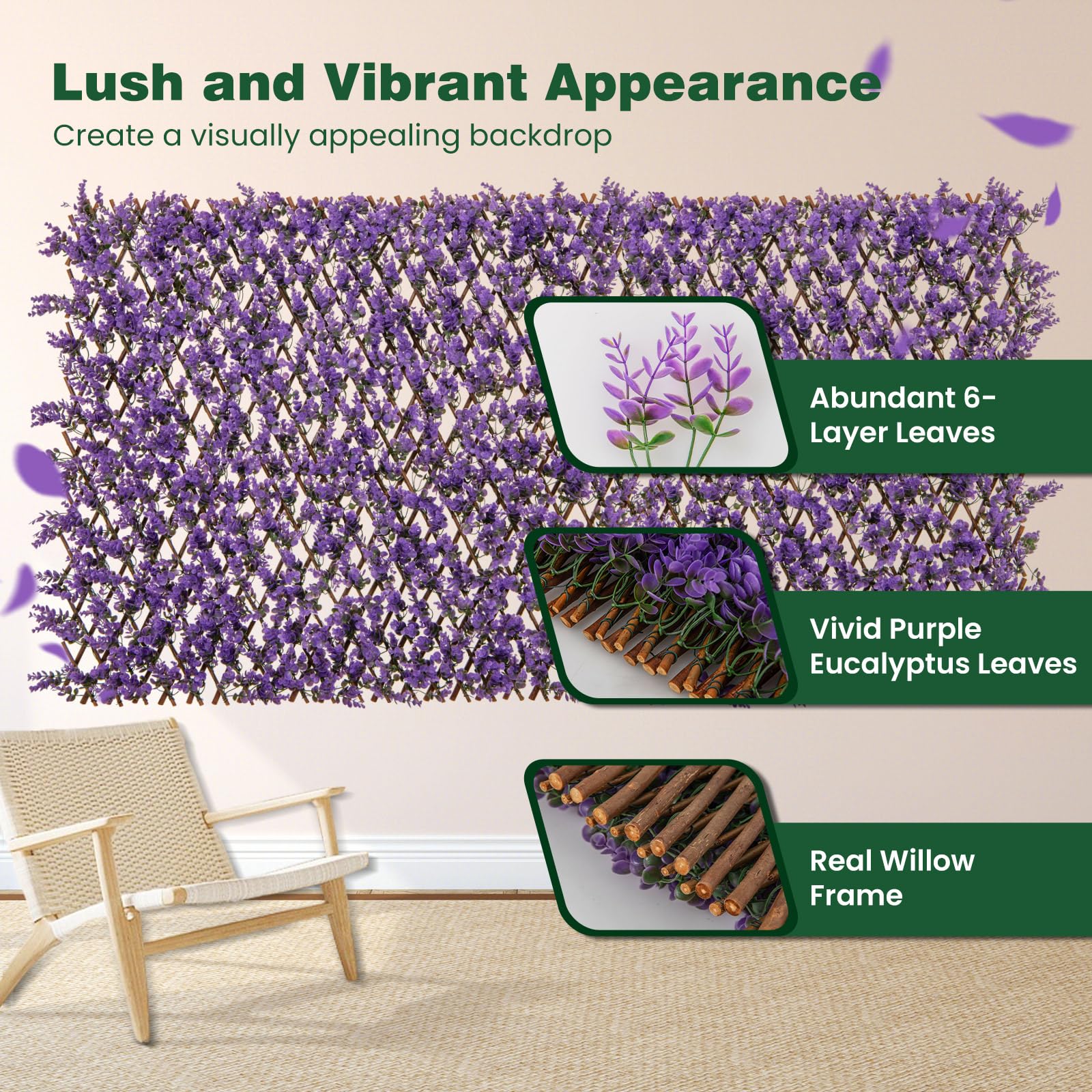 Giantex Expandable Fence Privacy Screen - Decorative Faux Purple Eucalyptus Fencing Panel for Balcony 