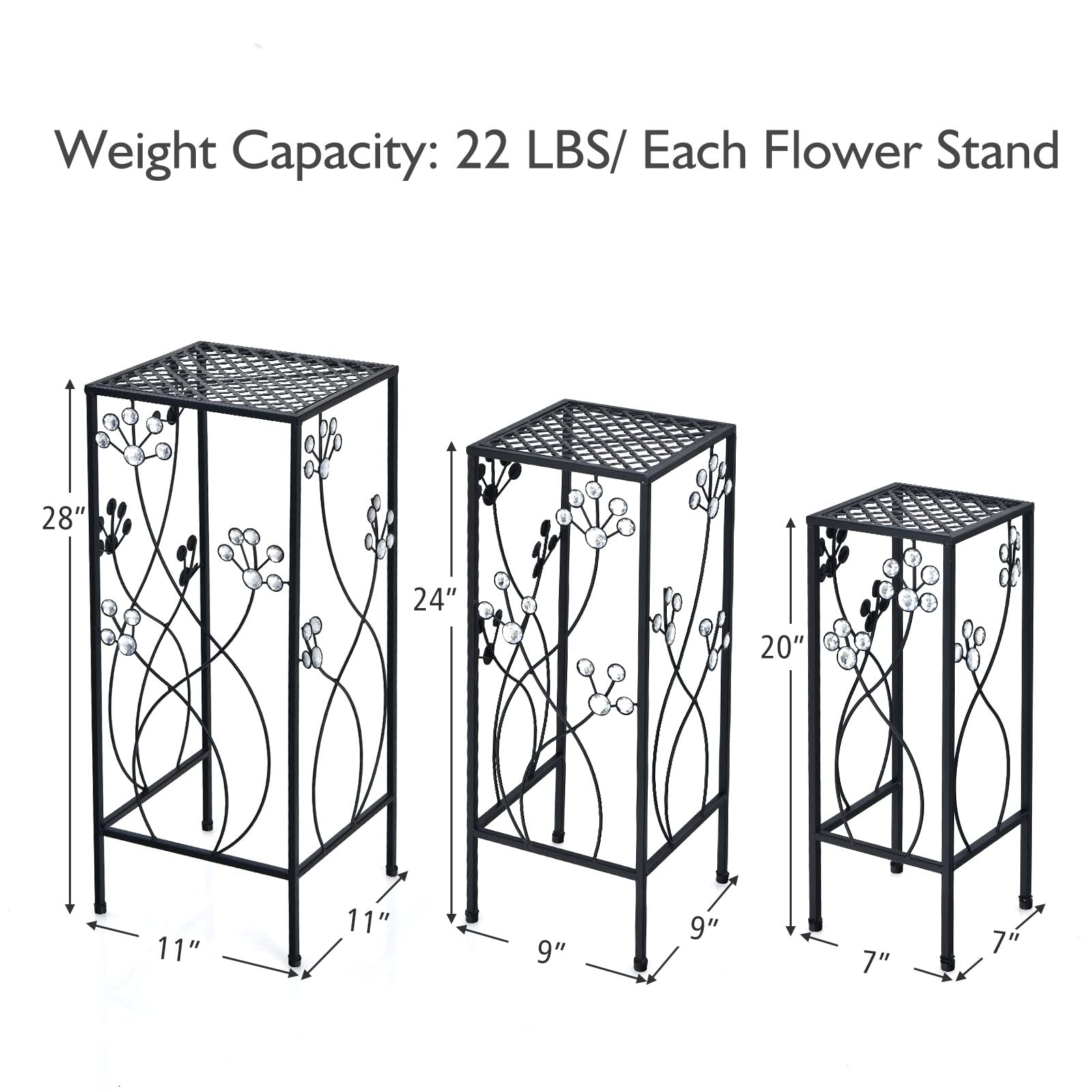 3 Pieces Flower Pots Display Rack with Vines and Crystal Floral Design 