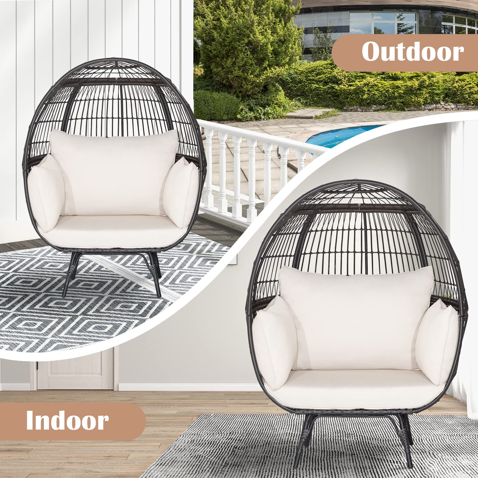 Giantex PE Rattan Egg Chair - Oversized Hammock Chair with Thick Cushions & Sturdy Metal Frame 