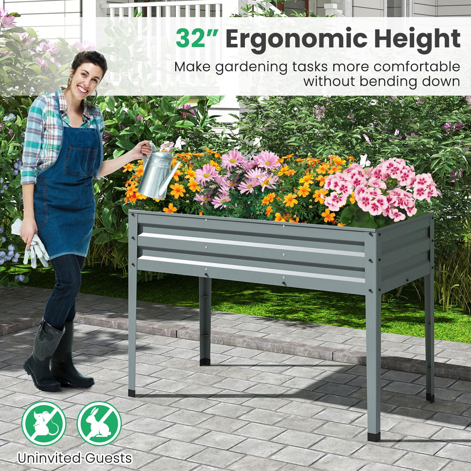 Giantex Raised Garden Bed with Legs, 46”x24”x32” Galvanized Steel Planter Box with Drainage Holes for Vegetables 