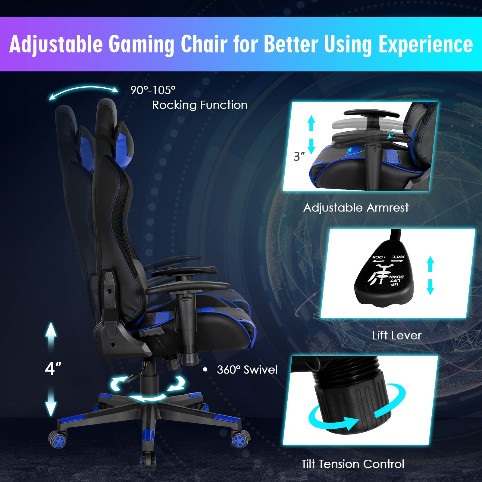 Giantex RGB Gaming Chair, Ergonomic Video Game Chair with Led Light 