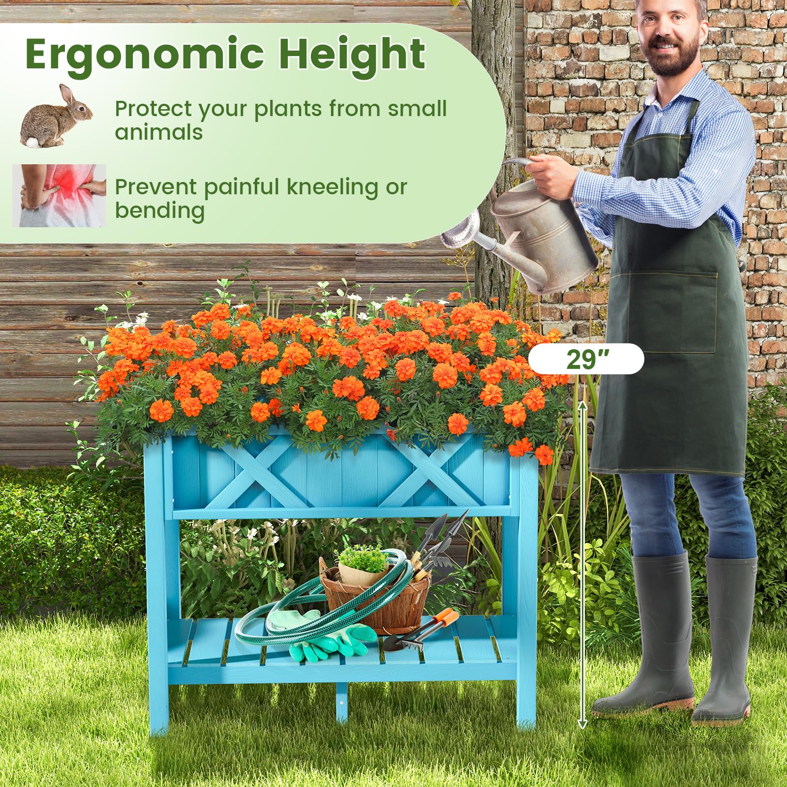 Giantex HIPS Raised Garden Bed, Elevated Planter Box w/Legs, Storage Shelf, Drain Holes 