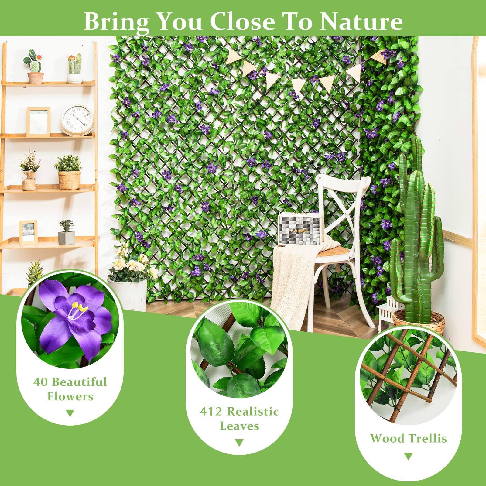 Expandable Fence with Leaves, 6.5ft Privacy Screen Decorative Fake Ivy Fencing Panel 