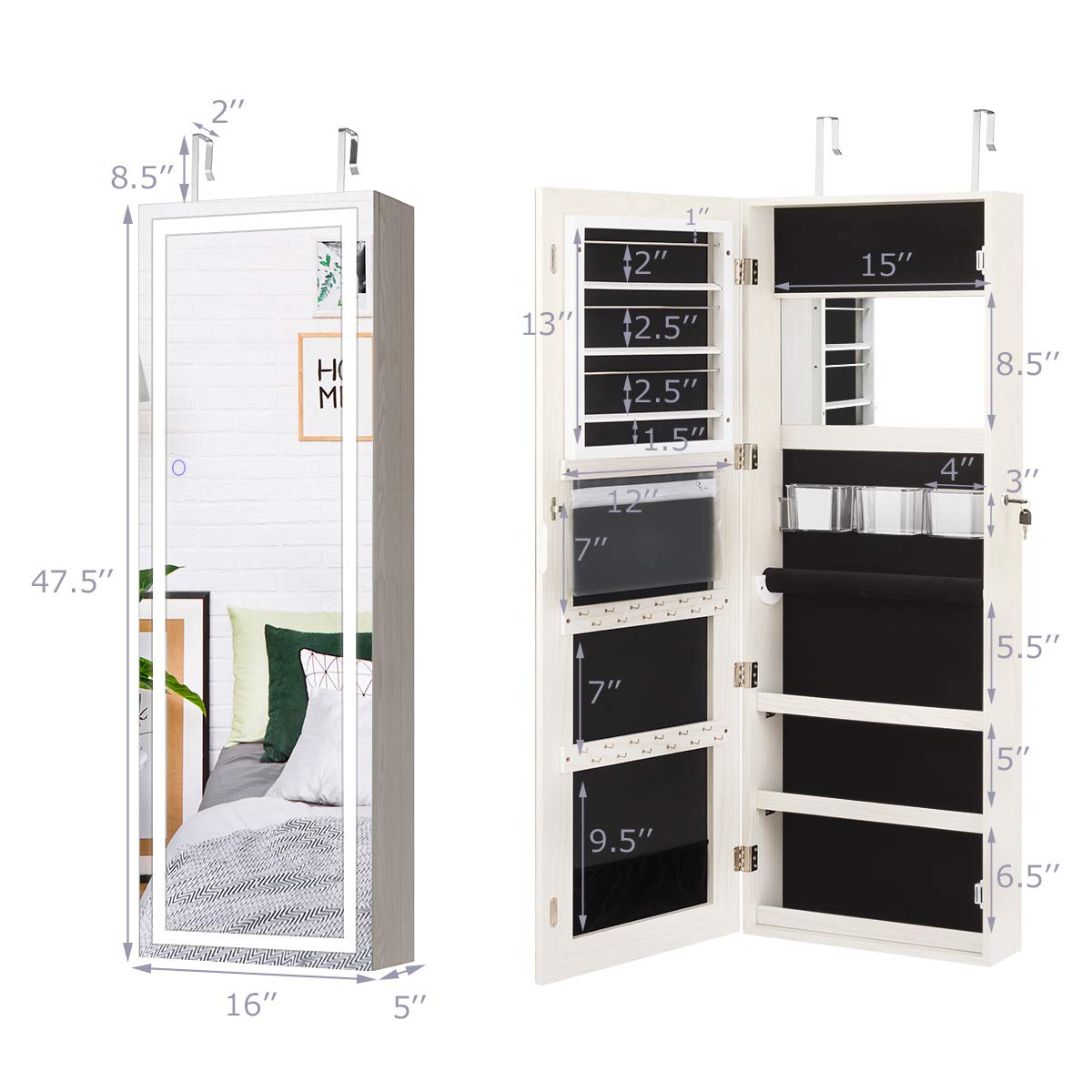 CHARMAID Jewelry Cabinet with LED Touch Screen Mirror 