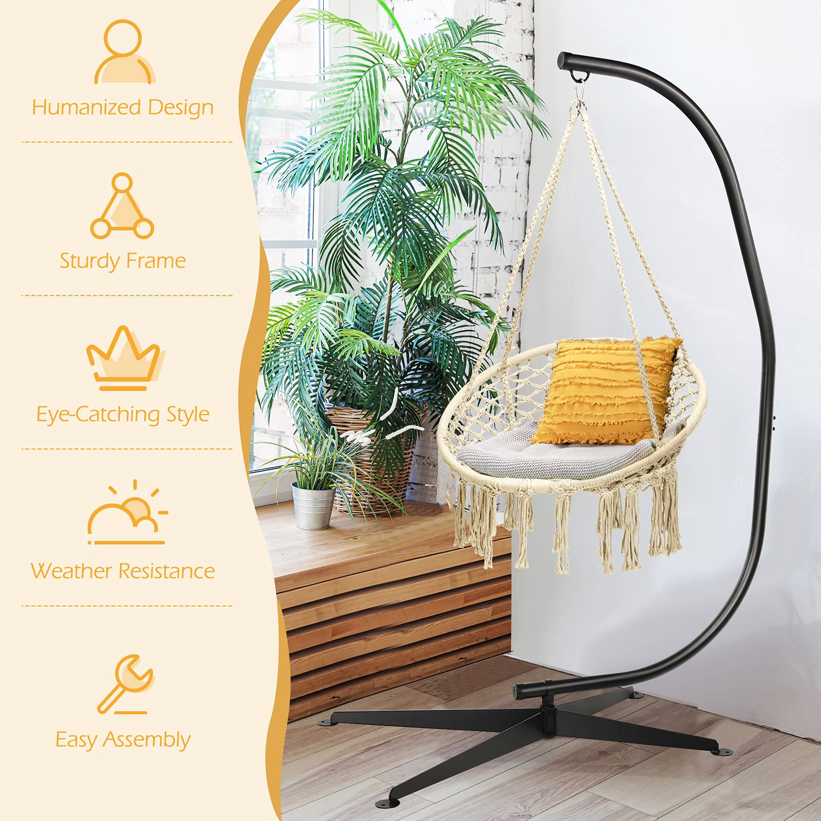 Giantex Hammock Chair with Stand, Solid Steel Heavy Duty C Stand with Macrame Hanging Chair 