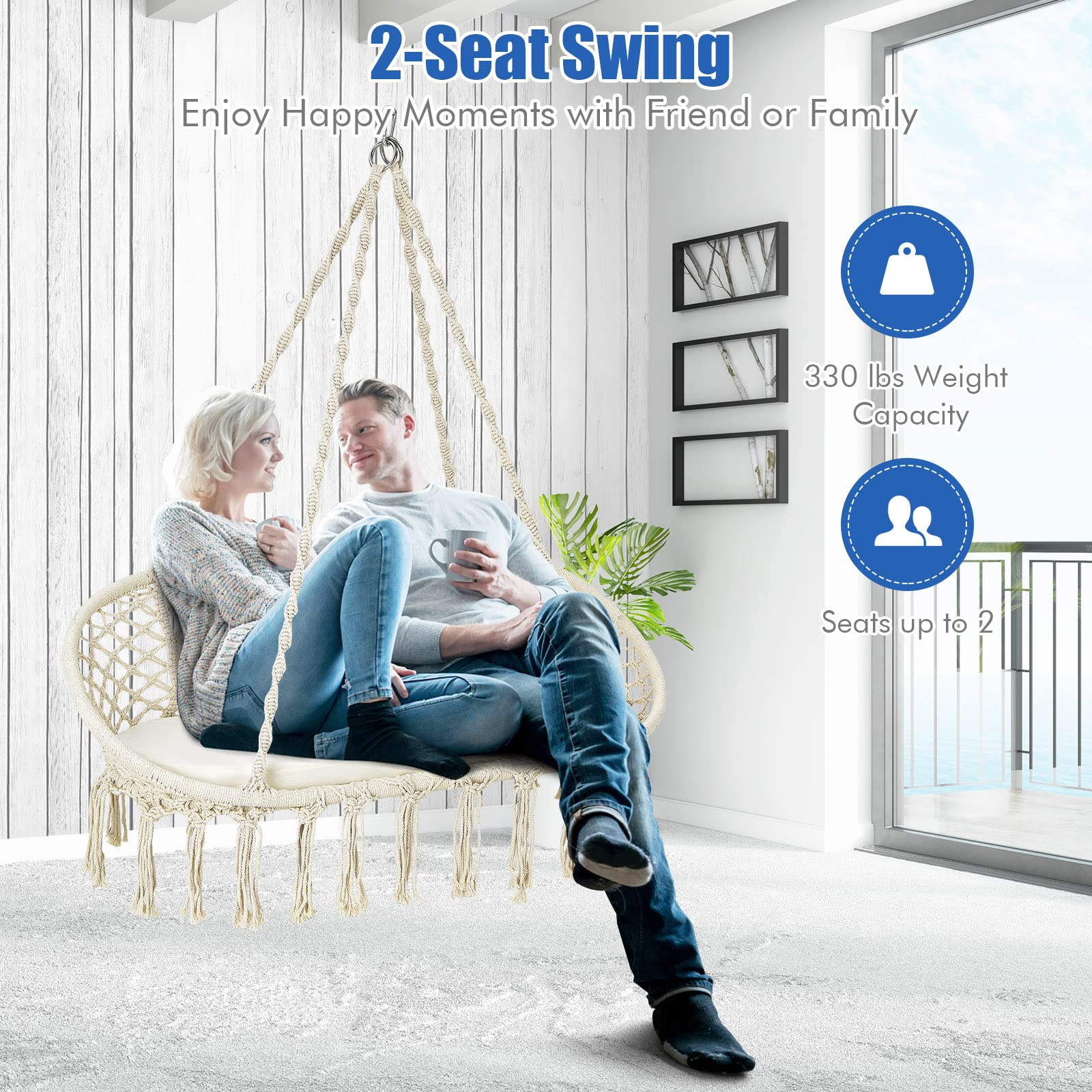 Hammock Chair 2 Seat, Macrame Hanging Chair with Cushion 