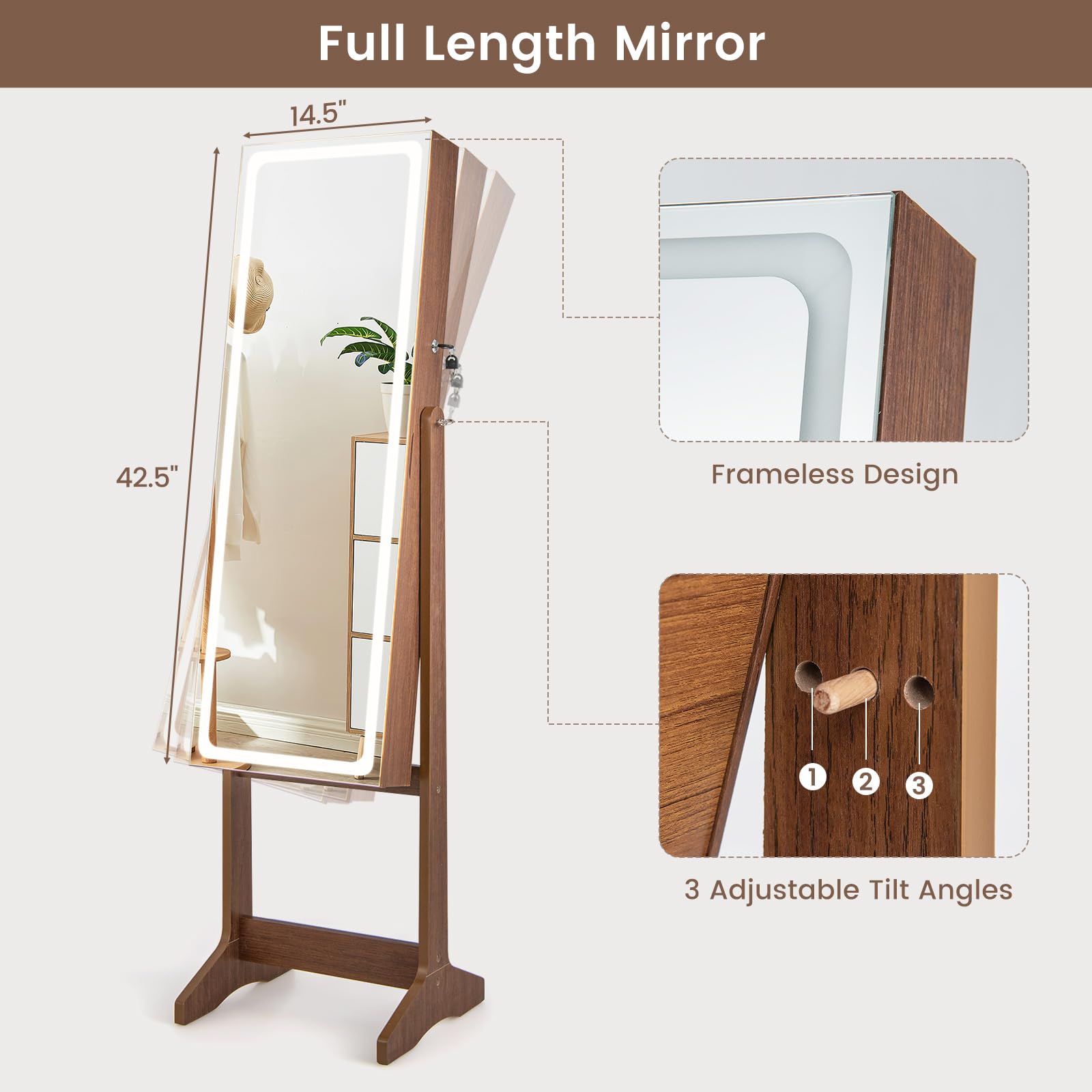 CHARMAID LED Mirror Jewelry Cabinet - Lockable Jewelry Armoire