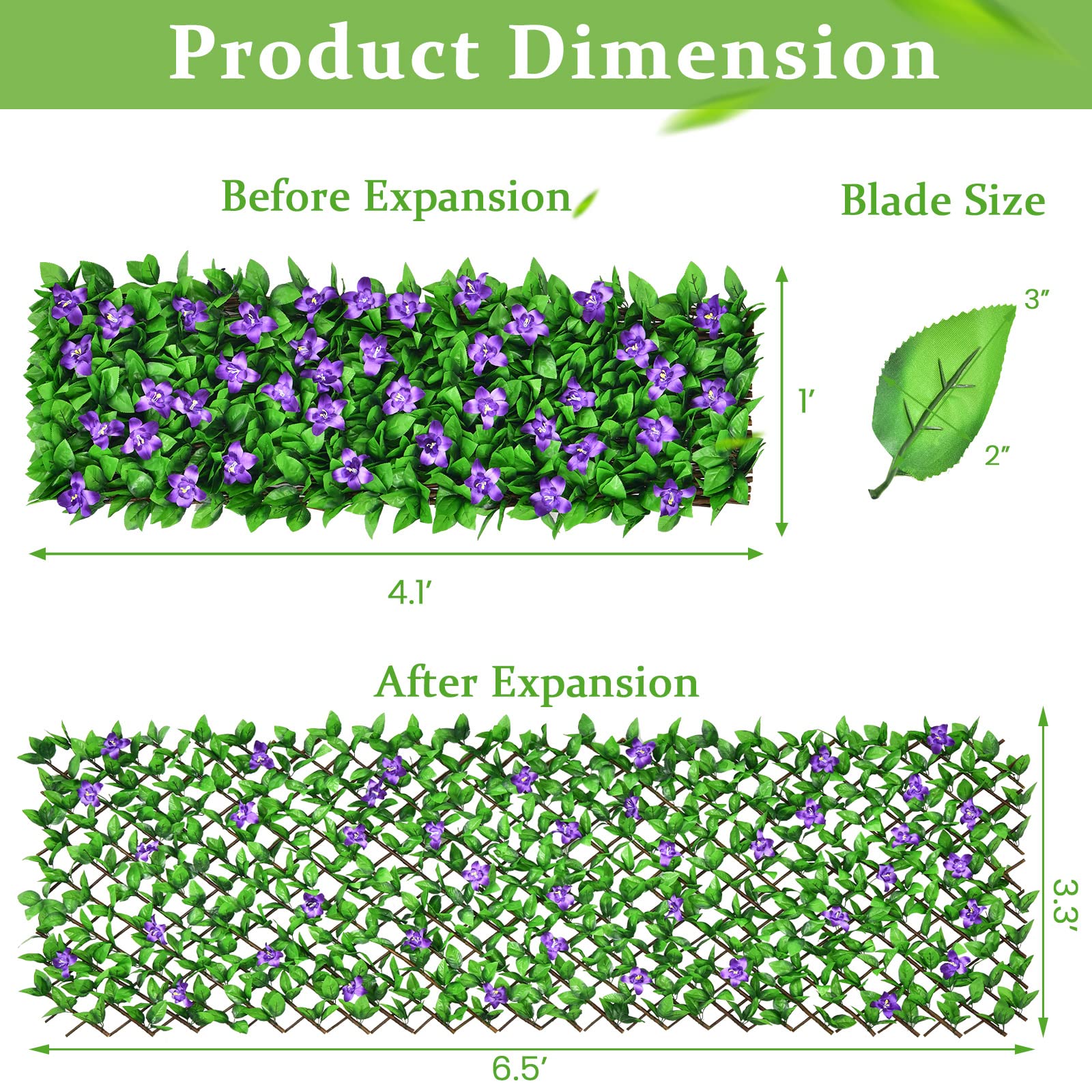 Expandable Fence with Leaves, 6.5ft Privacy Screen Decorative Fake Ivy Fencing Panel 