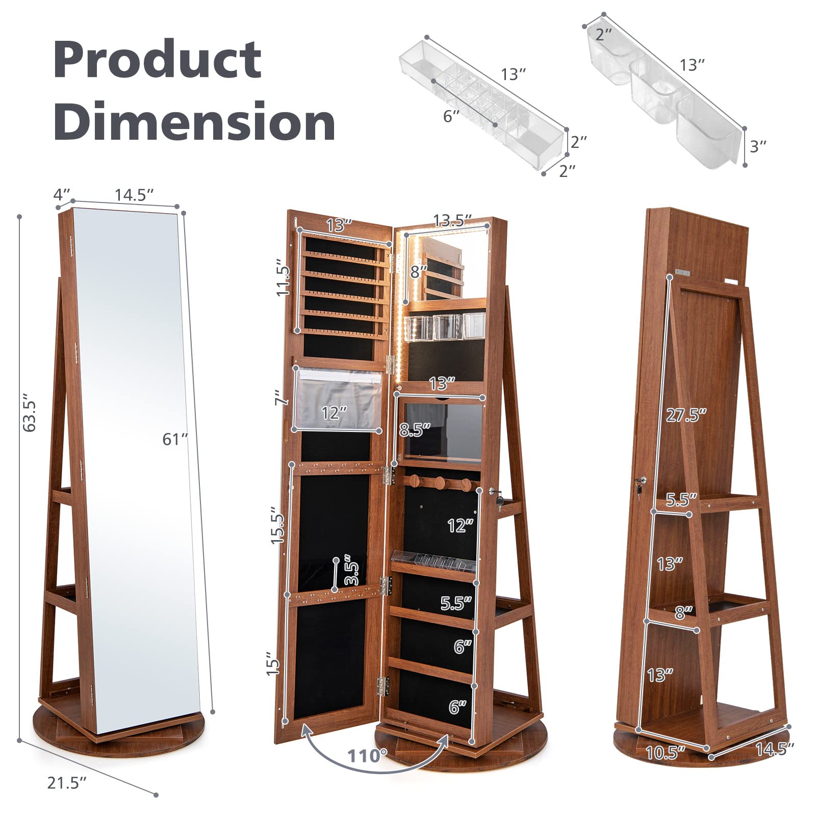 CHARMAID 63.5"H Jewelry Armoire with Full Length Mirror 360 Degree Swivel, 3-Color LED lights 