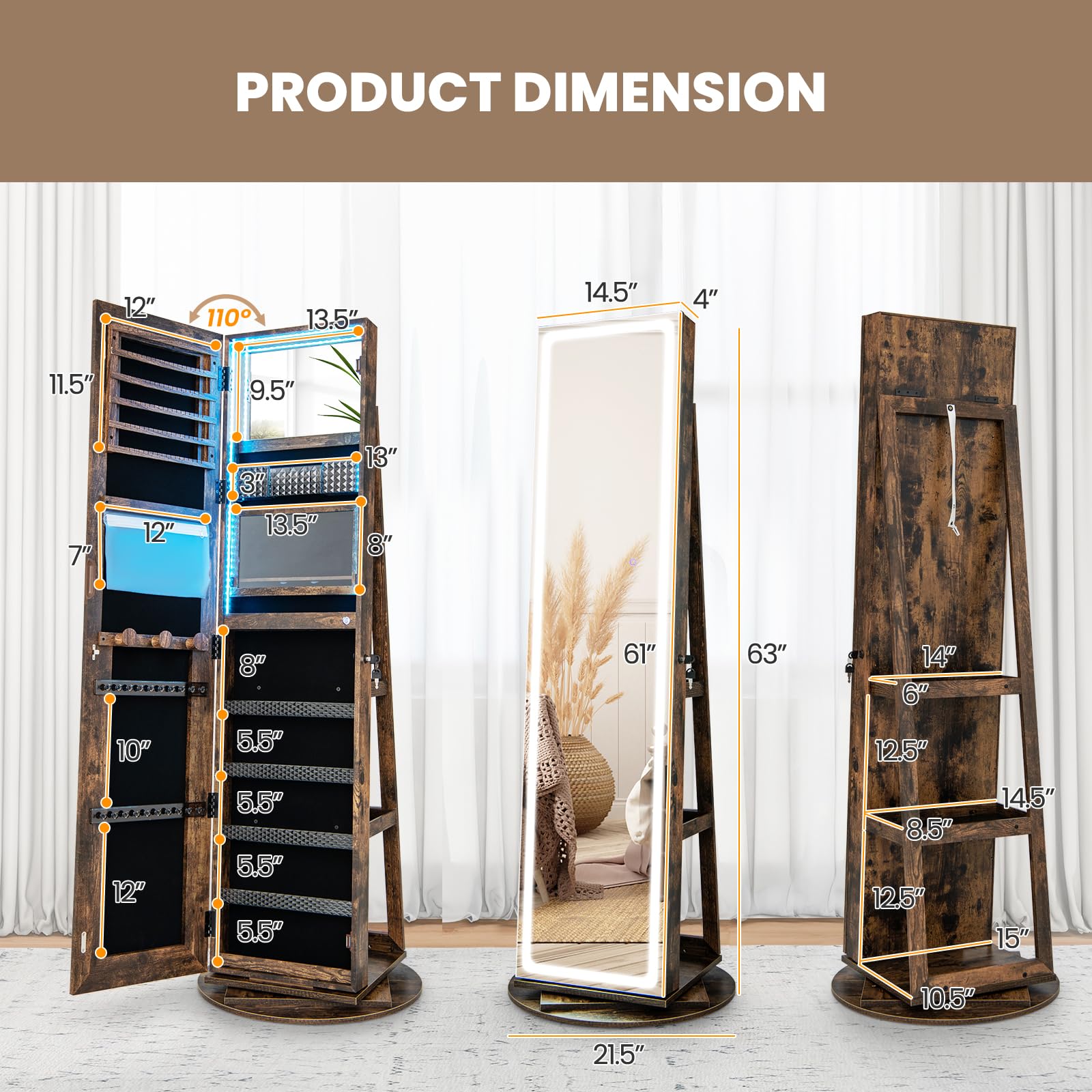 CHARMAID LED Mirror Jewelry Cabinet Armoire 360Â° Swivel, 63" H 3-Color Lighted Full Length Mirror 