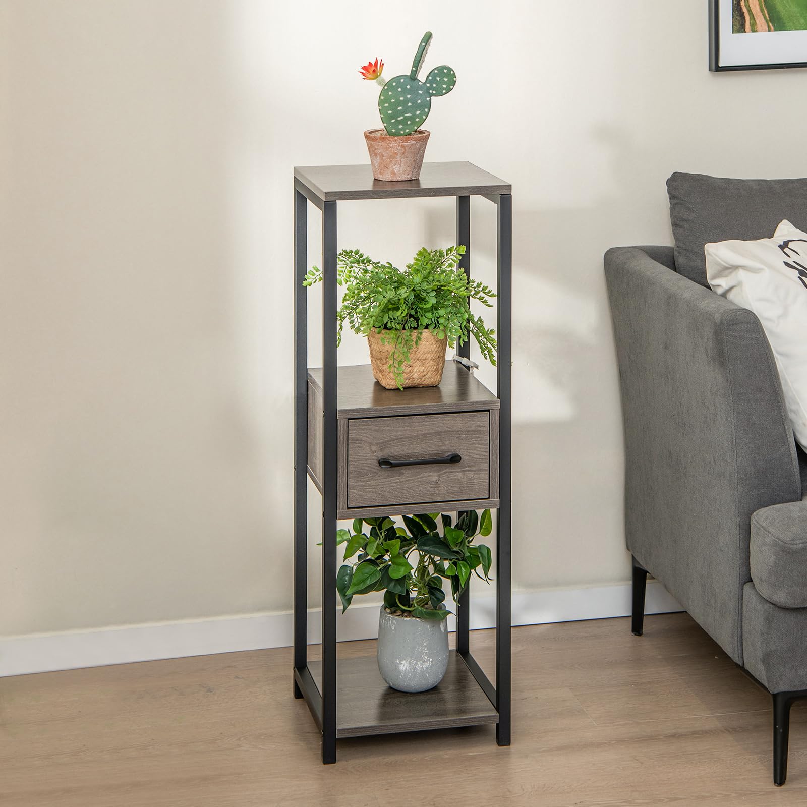 Giantex 3 Tier Tall Plant Stand Indoor, 36 Inch Corner Plant Holder with Drawer & Metal Frame 