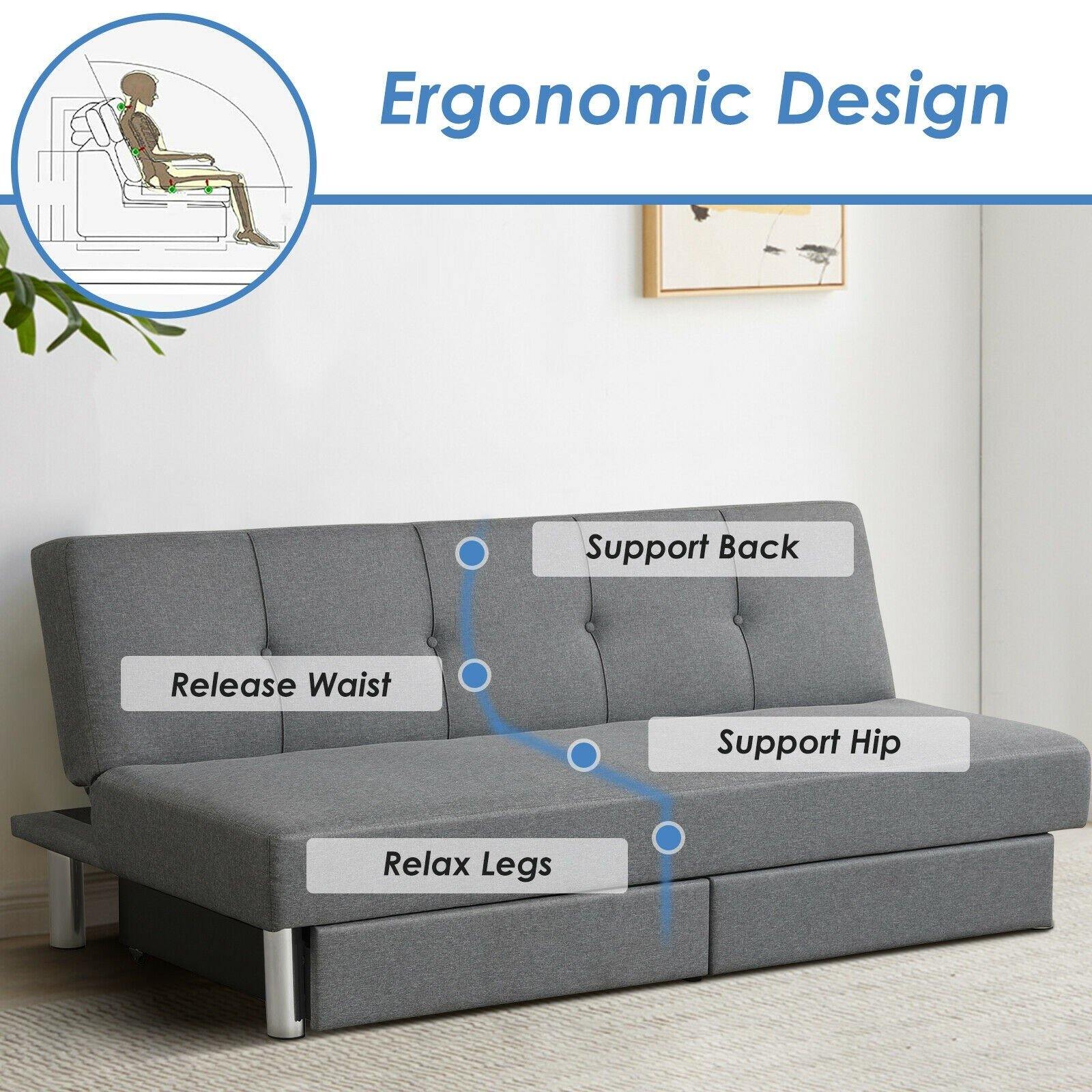 3-Seat Convertible Sofa Bed,Long Sofa w/ 2 Large Drawers, Ergonomic Sleeper w/ 3 Adjustable Angles 