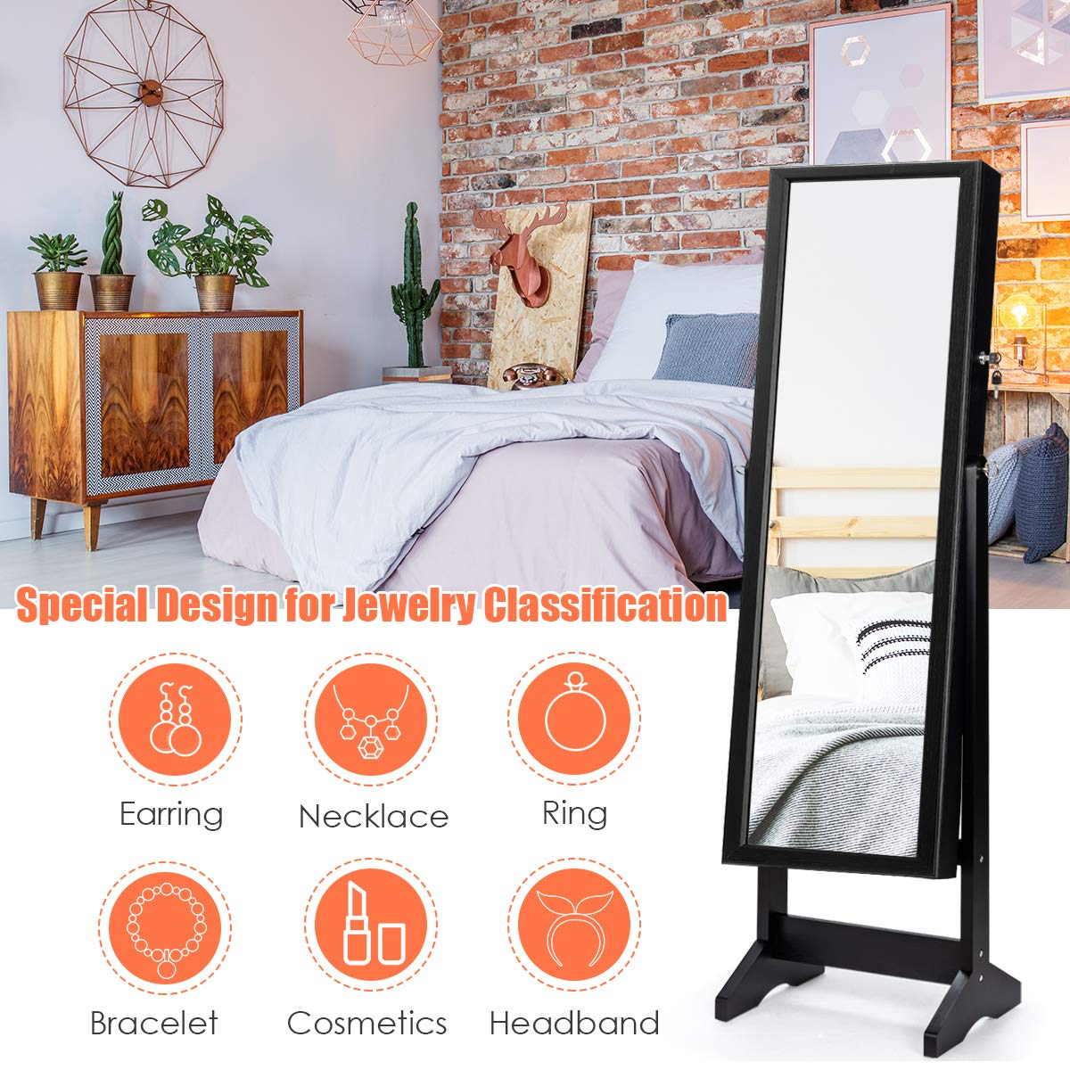 CHARMAID Freestanding Lockable Jewelry Organizer Box with Large Storage Capacity 