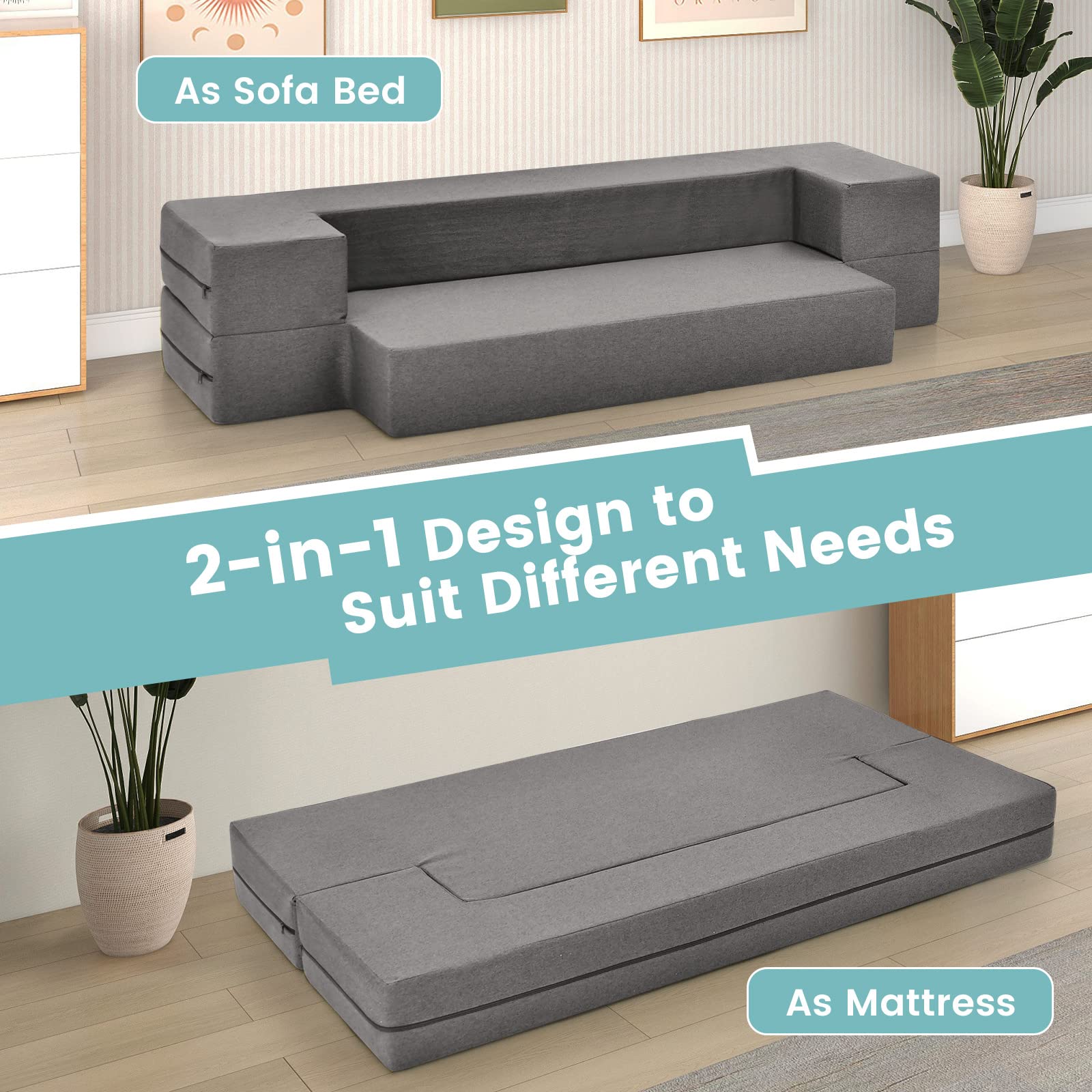 Giantex 8 Inch Folding Sofa Bed Couch, Memory Foam Futon Mattress Linen Fabric Sofa 