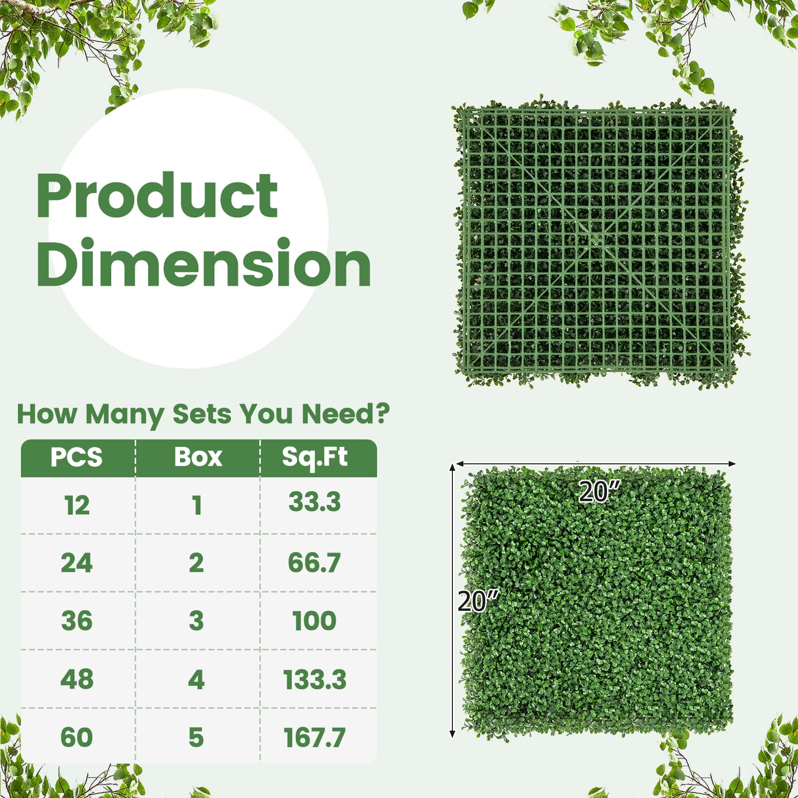 Giantex 12PCS 20" x 20" Artificial Boxwood Panels Garden Privacy Fence Screen 