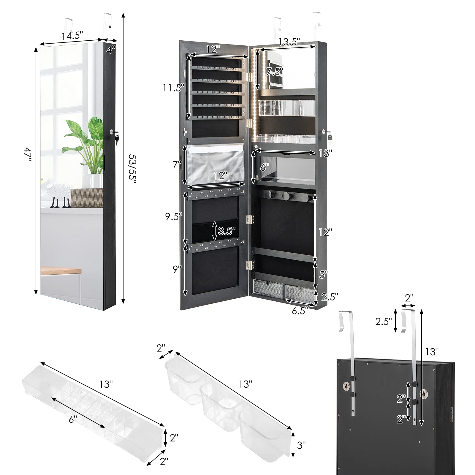 CHARMAID Wall/Door Mounted Jewelry Armoire with 3-Color LED Lights, 47.2"H Full Length Mirror