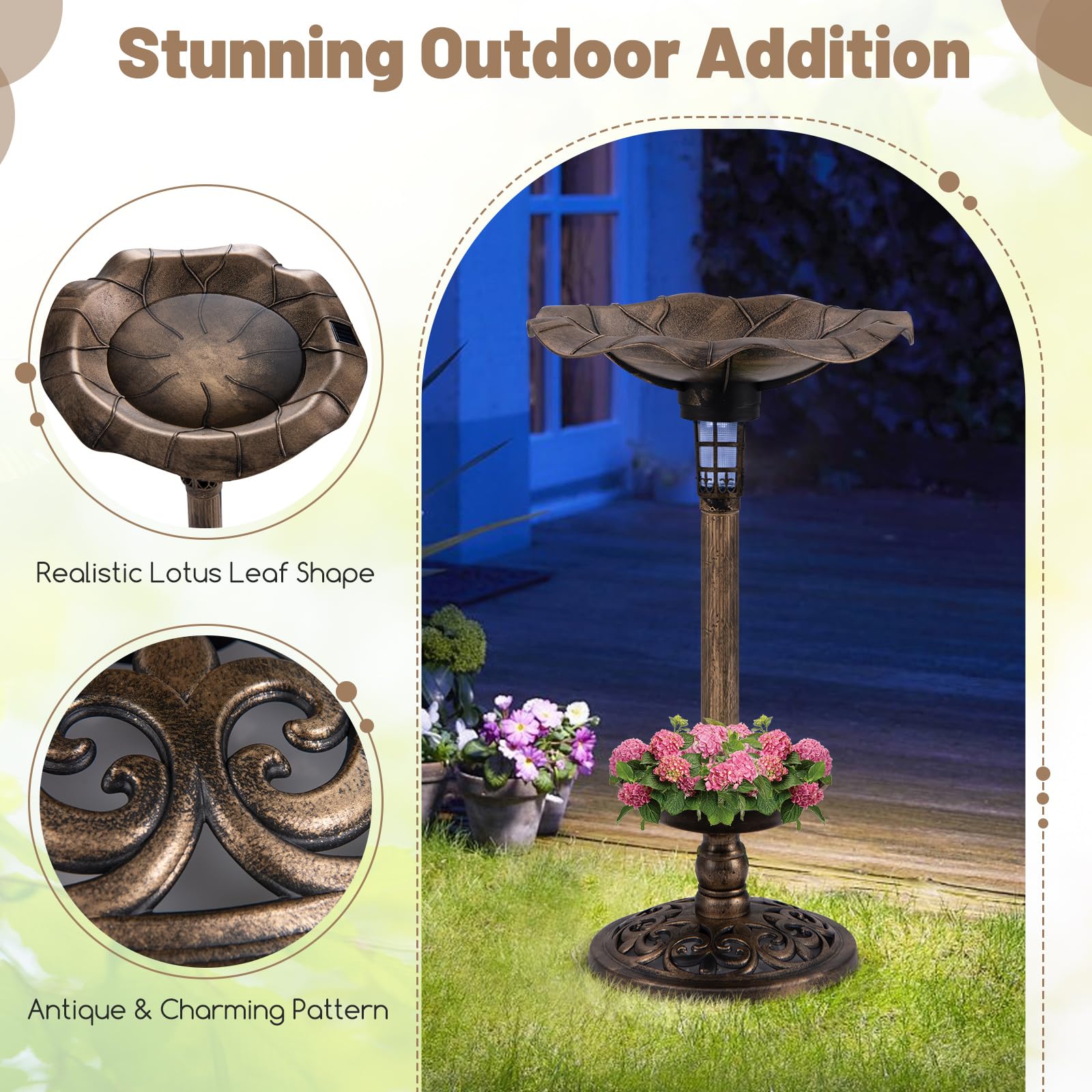 Giantex Bird Bath for Outside, 30 inch Solar Lighted Bird Bath and Feeder with Flower Planter 