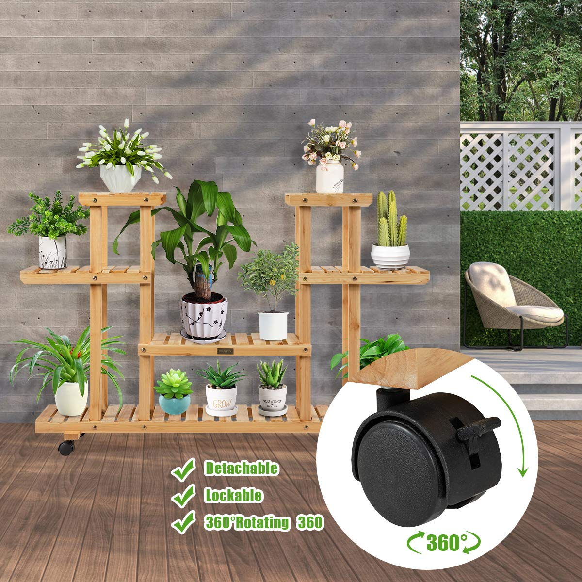 Giantex Rolling Flower Rack Wood Plant Stand on Wheels 