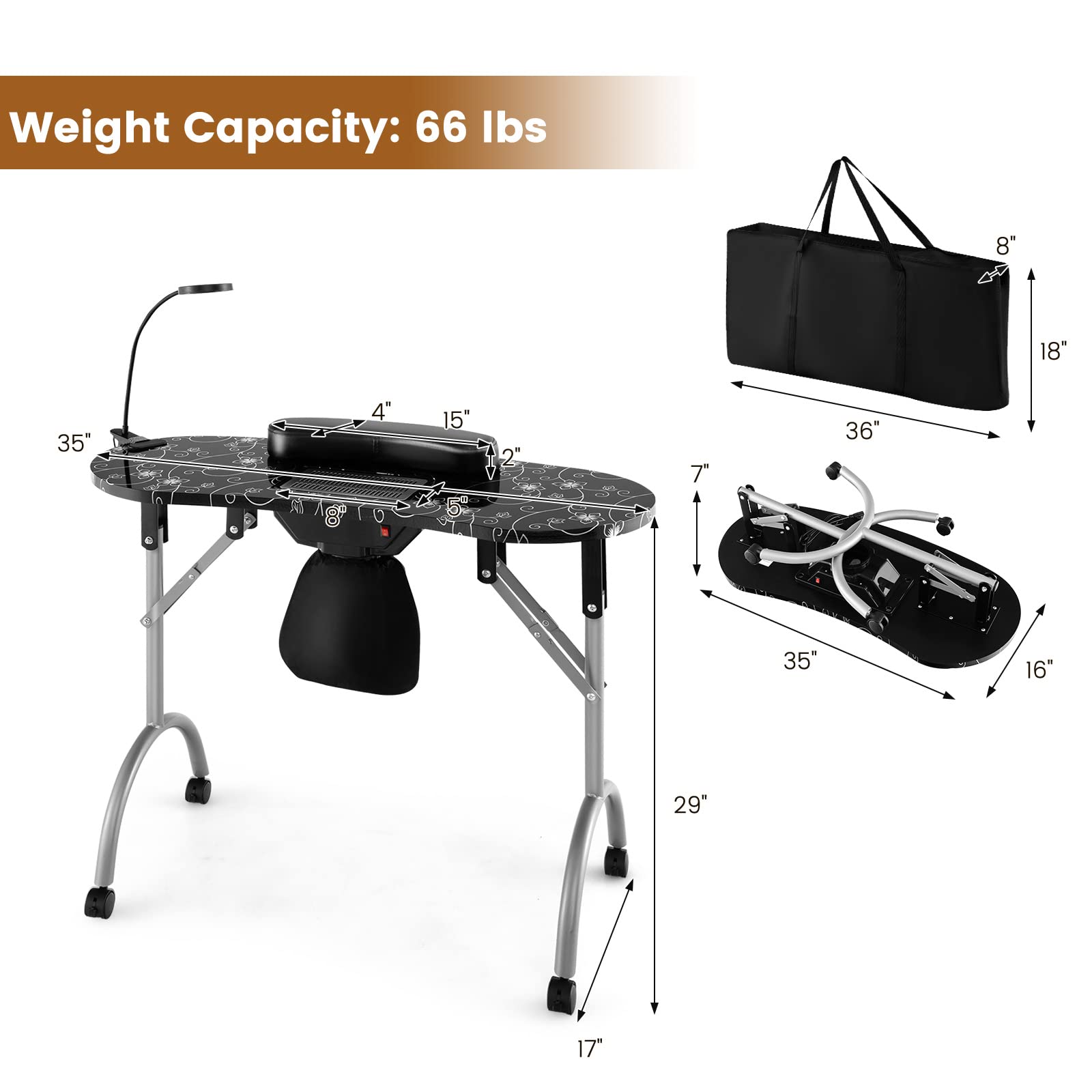 Giantex Nail Desk with Electric Dust Collector, Portable Manicure Table with USB-Plug LED Table Lamp 