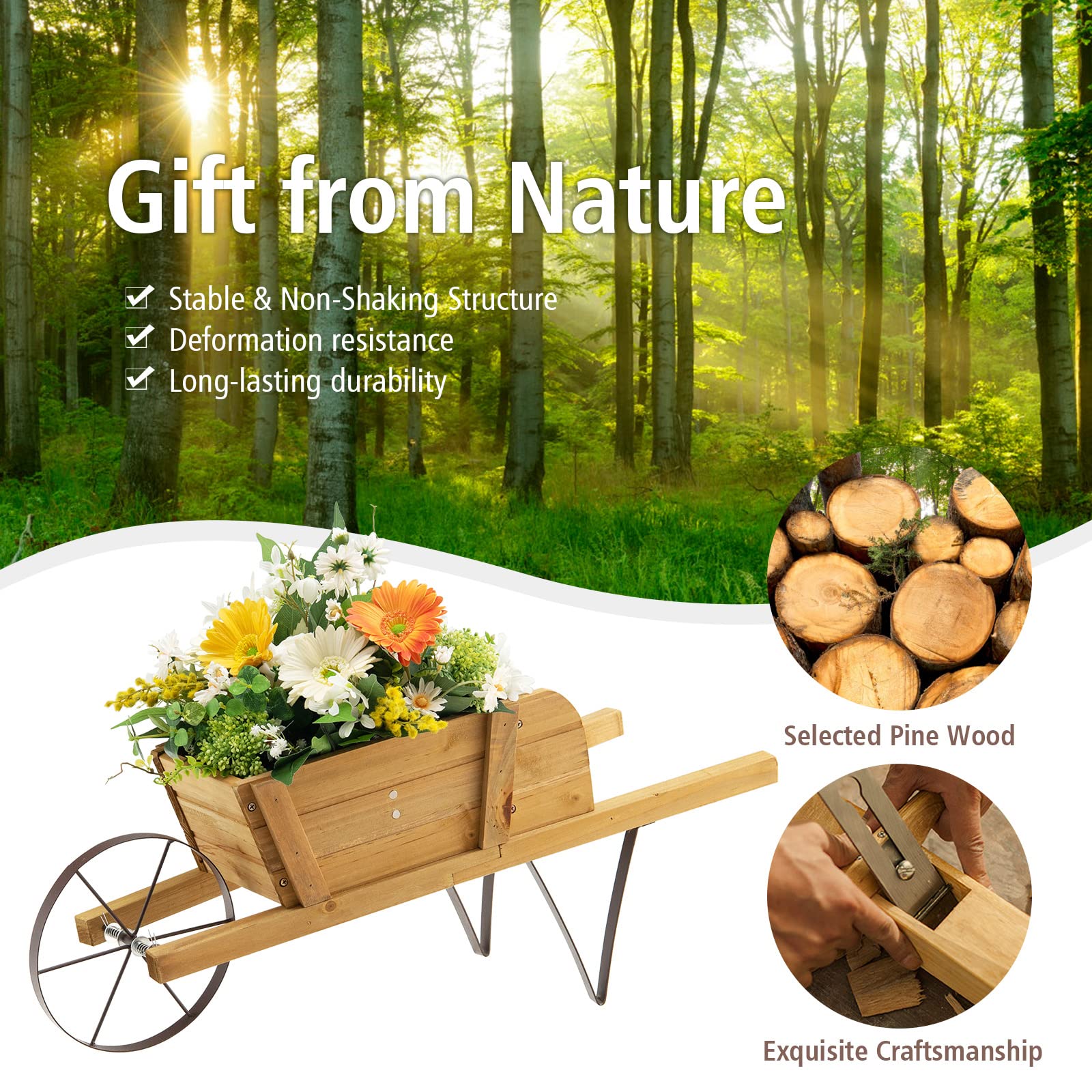 Giantex Wooden Wagon Planter, Small Wheelbarrow Wagon Flower, Indoor & Outdoor Raised Bed 