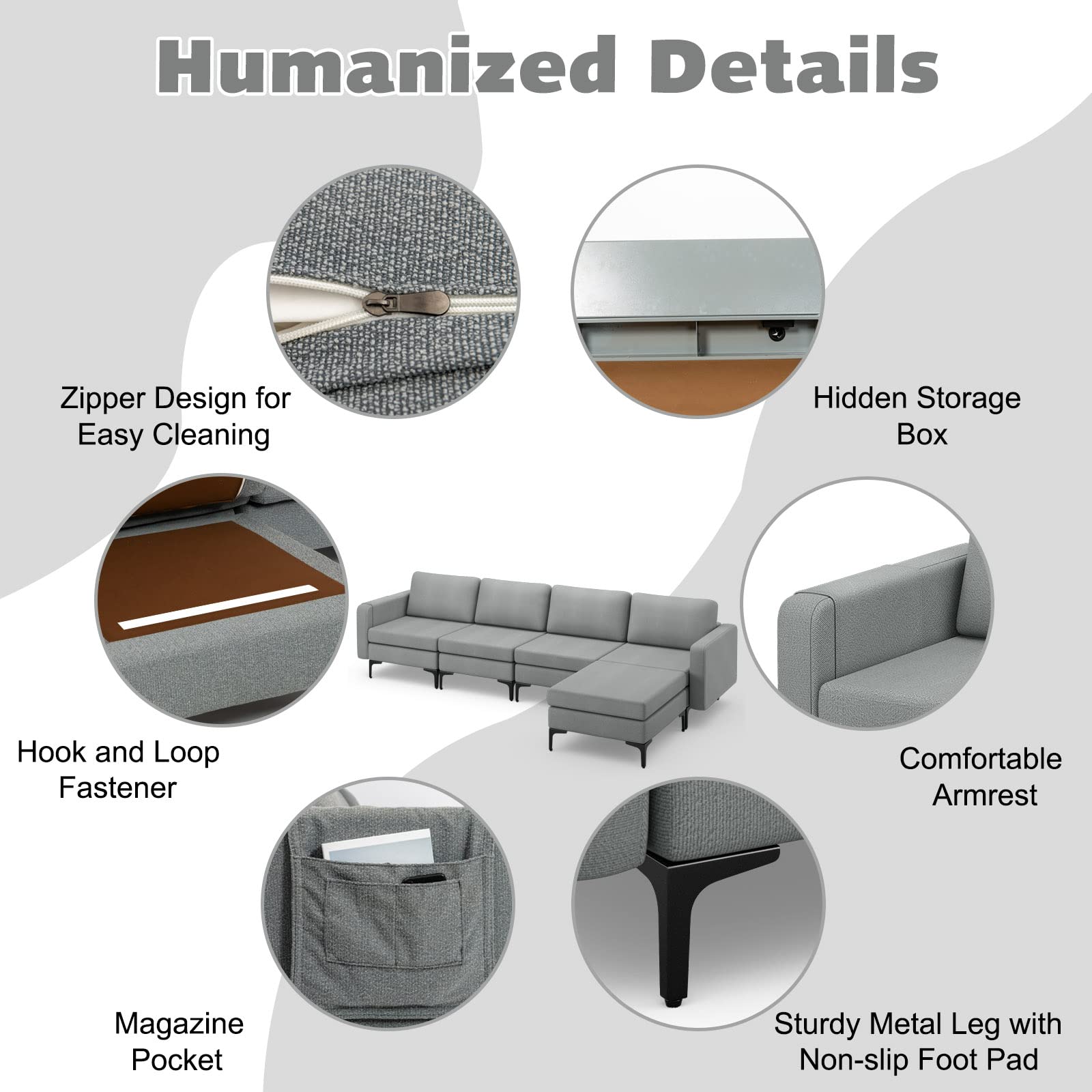 Giantex 4 Seat Convertible Sofa Couch, 123" L Sectional Sleeper with 2 or 1 USB Ports Socket 