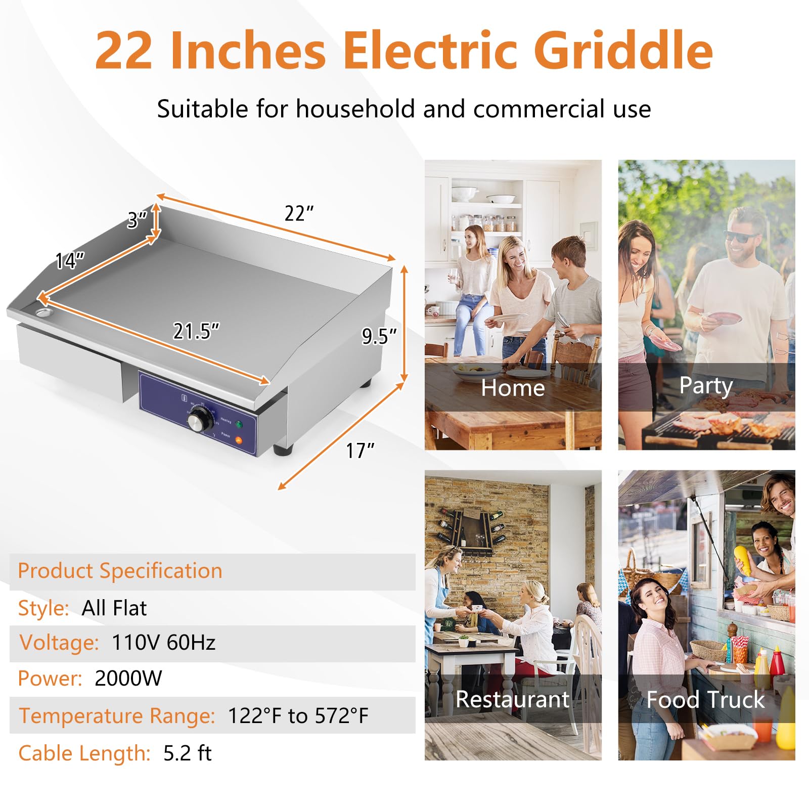 Giantex Commercial Griddle, 22" Electric Griddle 2000W, Cast Iron Griddle, Stainless Steel Frame 