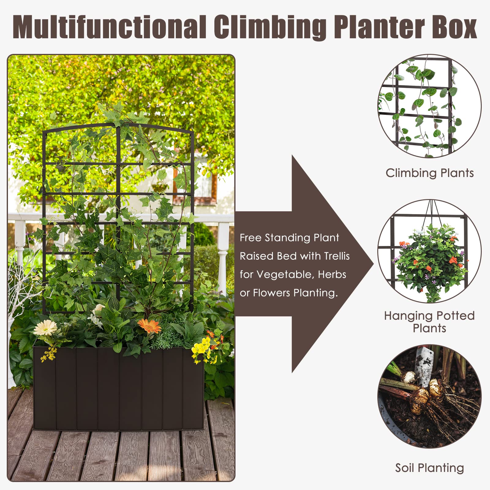 Giantex Raised Garden Bed with Trellis, Vertical Bed Box with Lattice for Vine Flowers Climbing or Hanging 