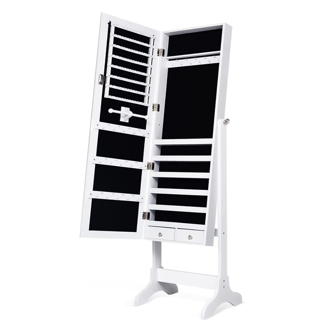 Lockable Standing Jewelry Armoire with Full Length Mirror 