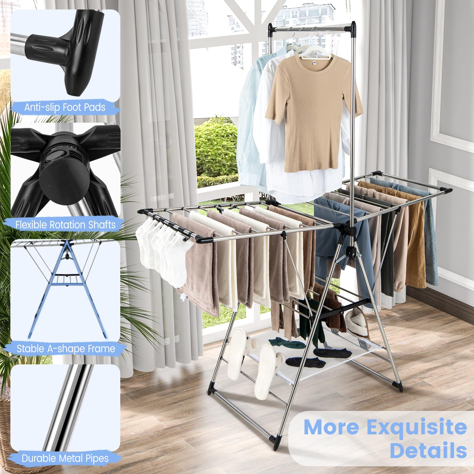 Giantex Clothes Drying Rack, Aluminum Foldable Laundry Drying Rack with with 6-Level Adjustable Height