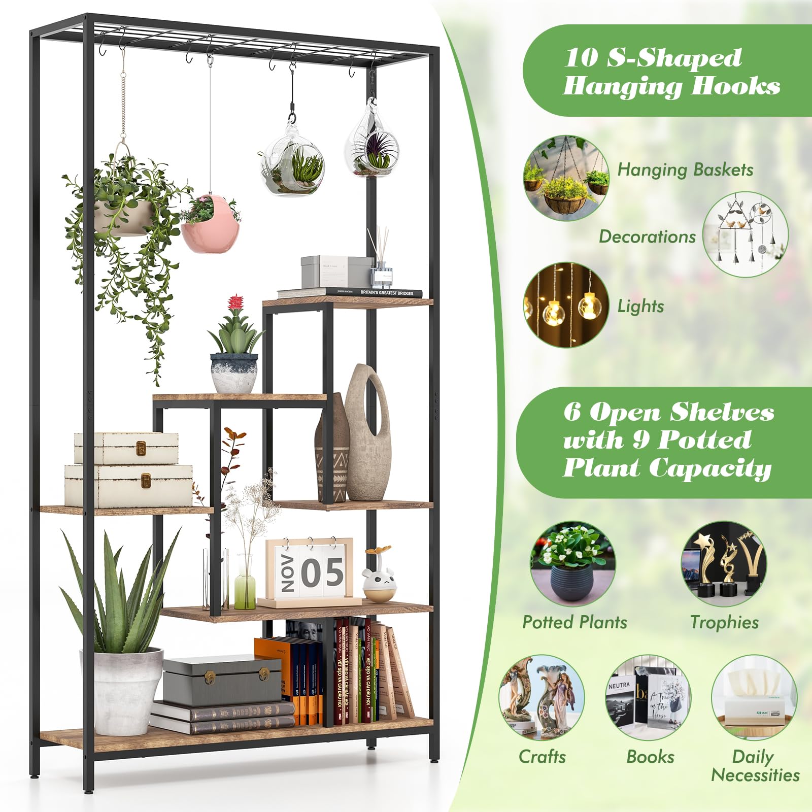 Giantex 71" Tall Plant Stand Indoor, 6-Tier Metal Plant Shelf with 10 Hanging Hooks 