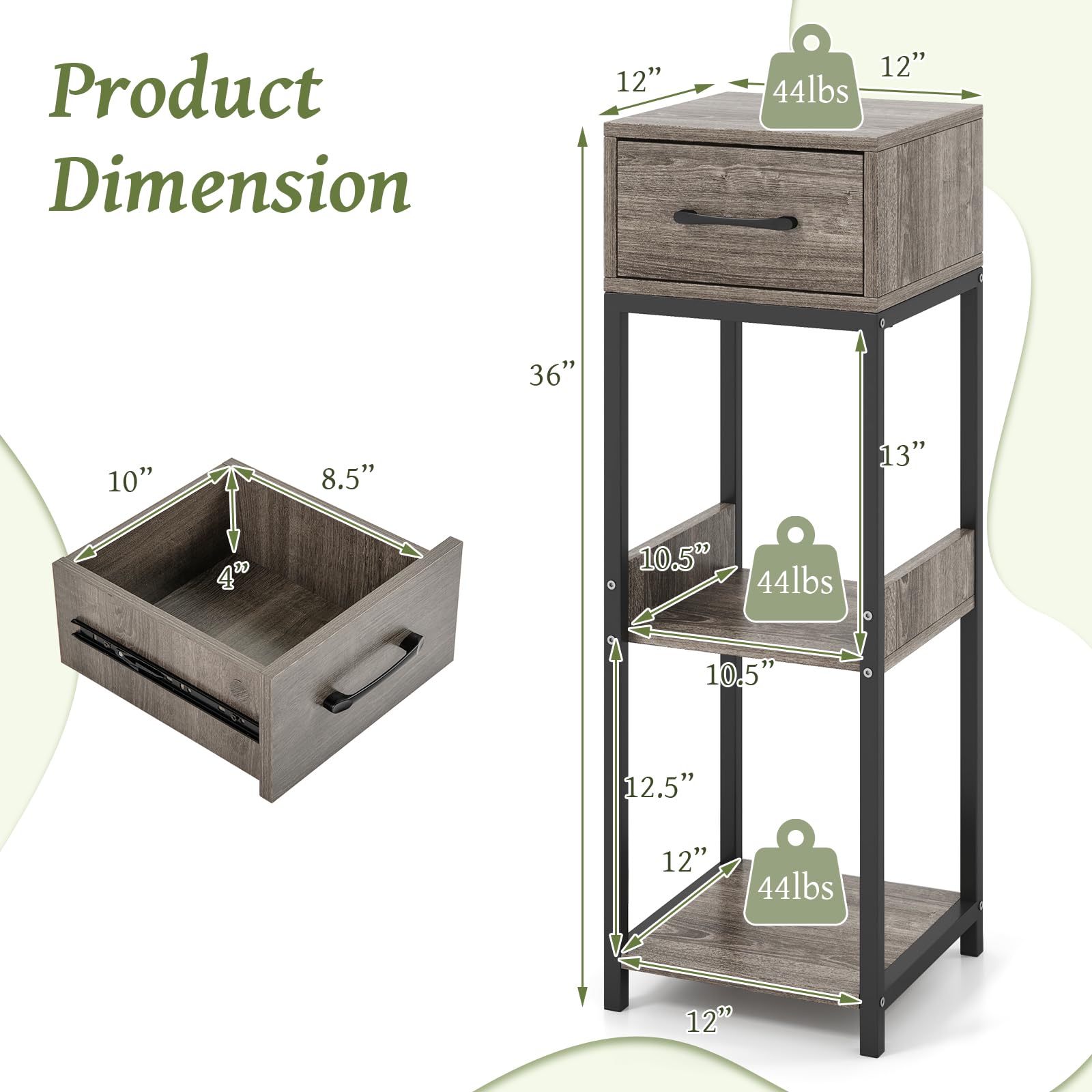 Giantex 3 Tier Tall Plant Stand Indoor, 36 Inch Corner Plant Holder with Drawer & Metal Frame 