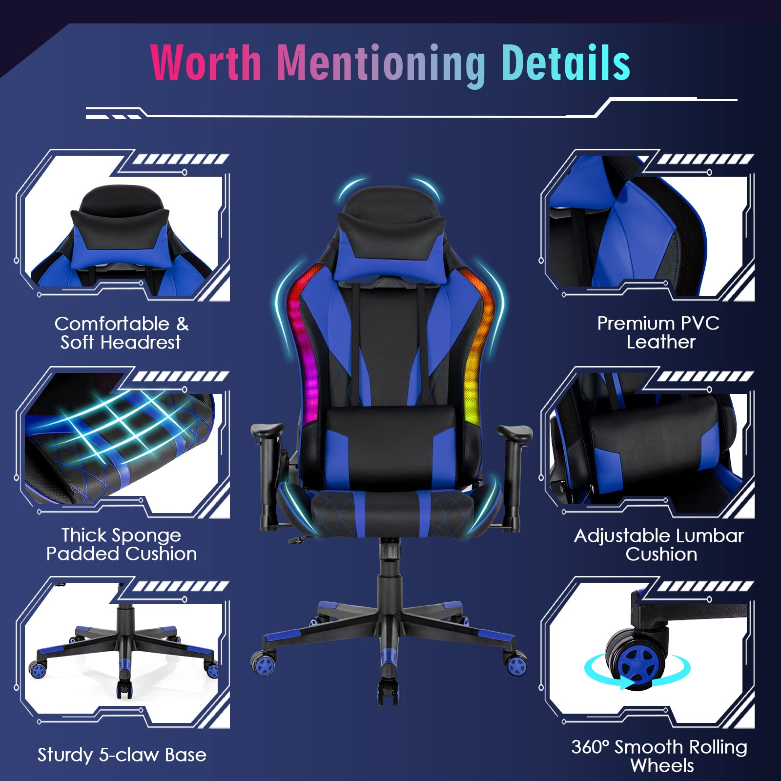 Giantex Gaming Chair with RGB LED Lights, Ergonomic Video Game Chair 