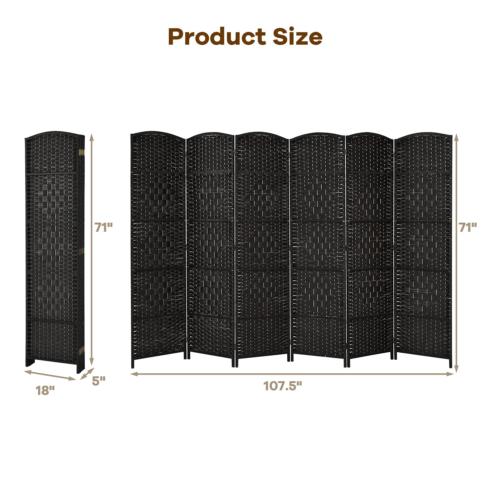 Giantex 6 Panel 6 Ft Tall Room Divider, Freestanding Wood Partition Room Dividers (Black/Brown)