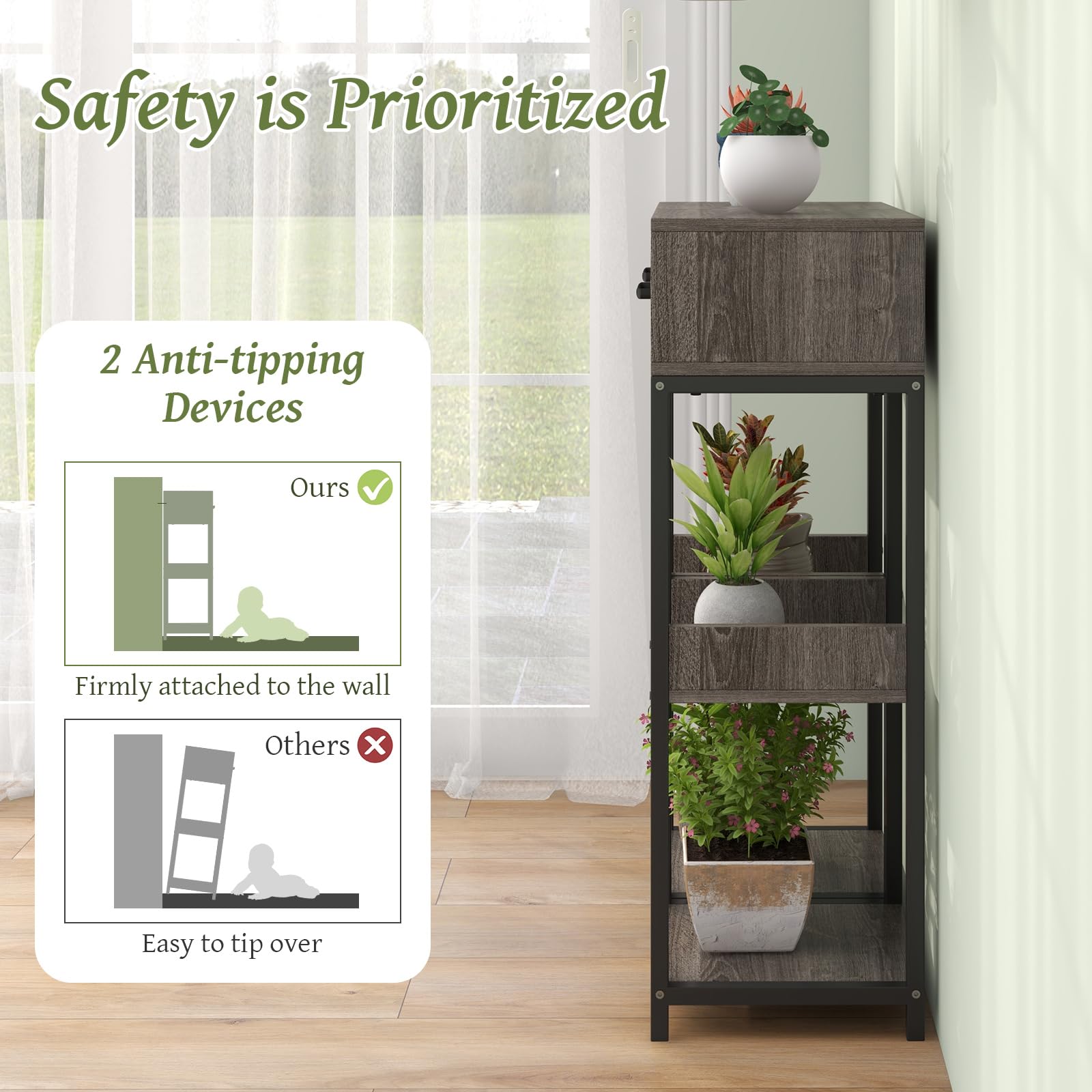 Giantex 3 Tier Tall Plant Stand Indoor, 36 Inch Corner Plant Holder with Drawer & Metal Frame 