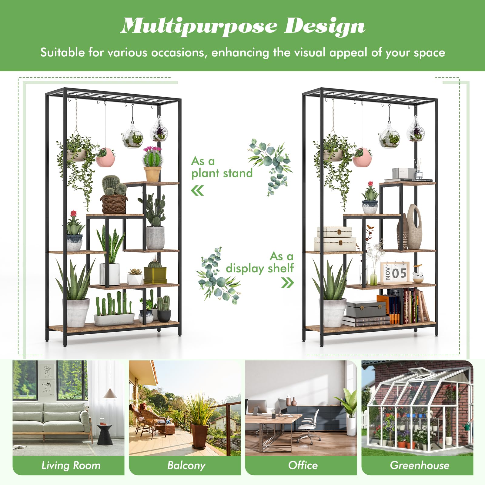 Giantex 71" Tall Plant Stand Indoor, 6-Tier Metal Plant Shelf with 10 Hanging Hooks 