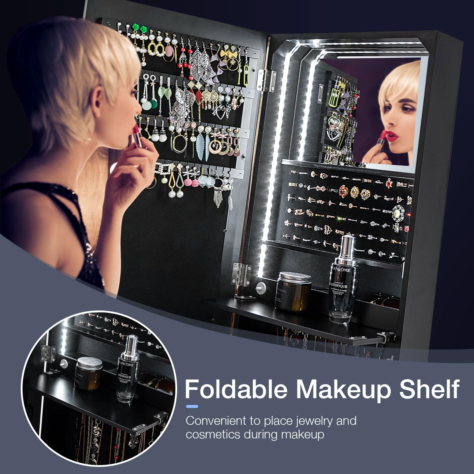 CHARMAID Jewelry Cabinet with LED Light Strip, Floor Jewelry Armoire with High Full Length Mirror 