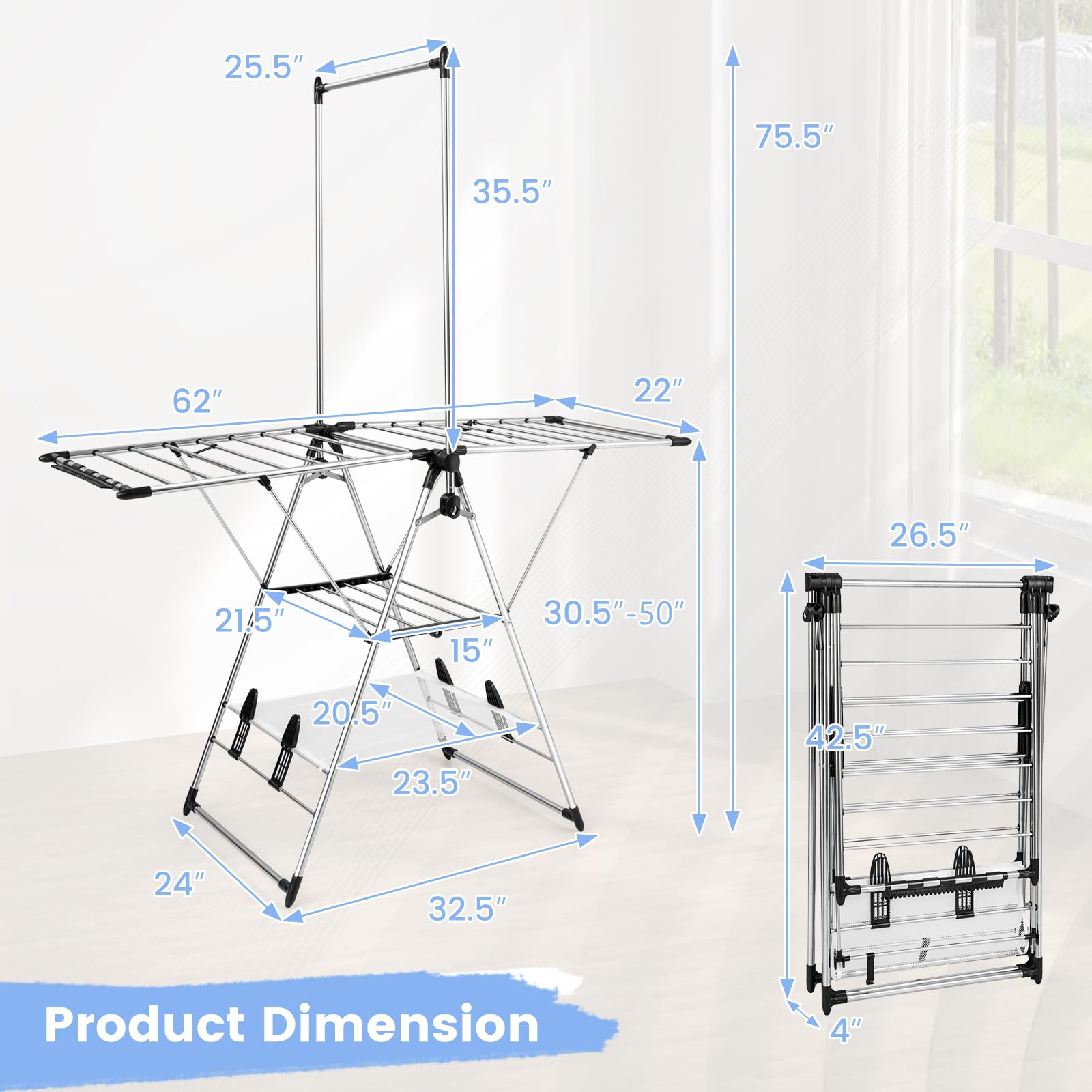 Giantex Clothes Drying Rack, Aluminum Foldable Laundry Drying Rack with with 6-Level Adjustable Height