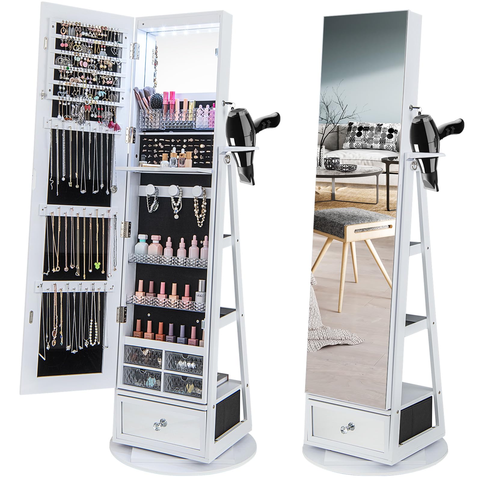 CHARMAID 360° Swivel Jewelry Cabinet Armoire with 64.5" H Full Length Mirror 