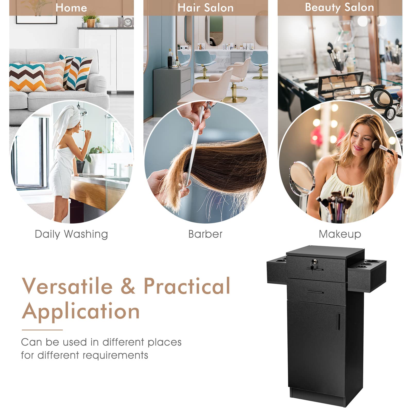 Salon Station Storage Cabinet for Hair Stylist, Black 