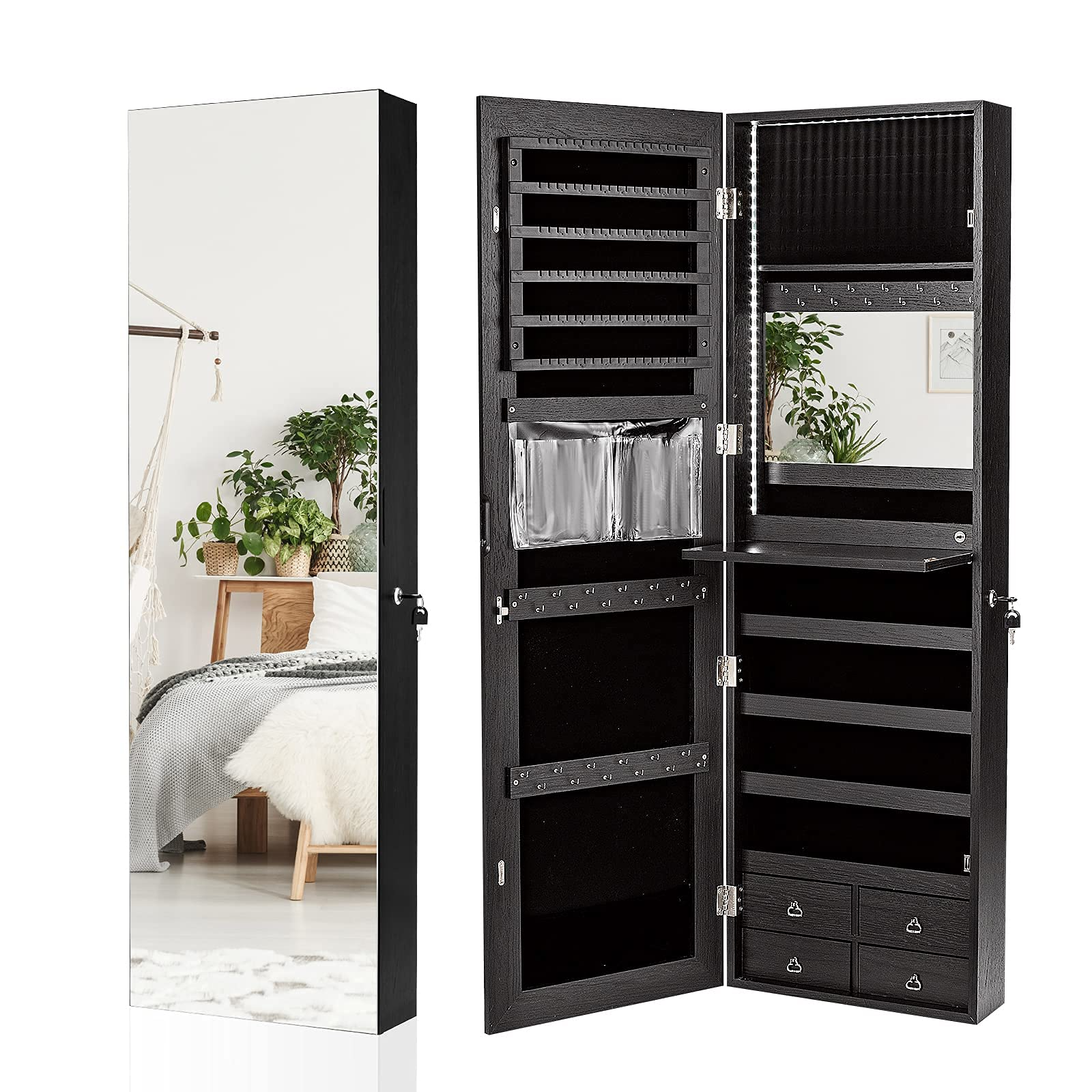 CHARMAID LED Strip Jewelry Armoire with 47.2" H Full Length Mirror 