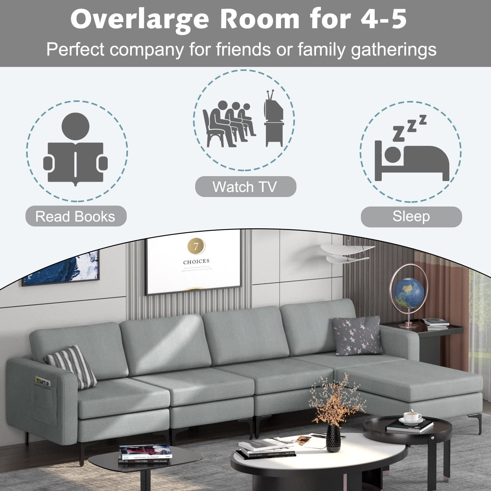 Giantex 4 Seat Convertible Sofa Couch, 123" L Sectional Sleeper with 2 or 1 USB Ports Socket 